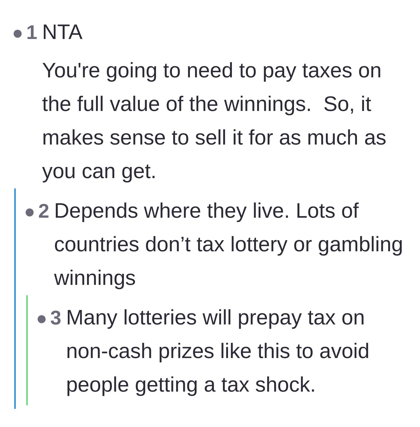 Comment thread 3 - A debate regarding the potential tax liabilities the seller will face on the raffle winnings.