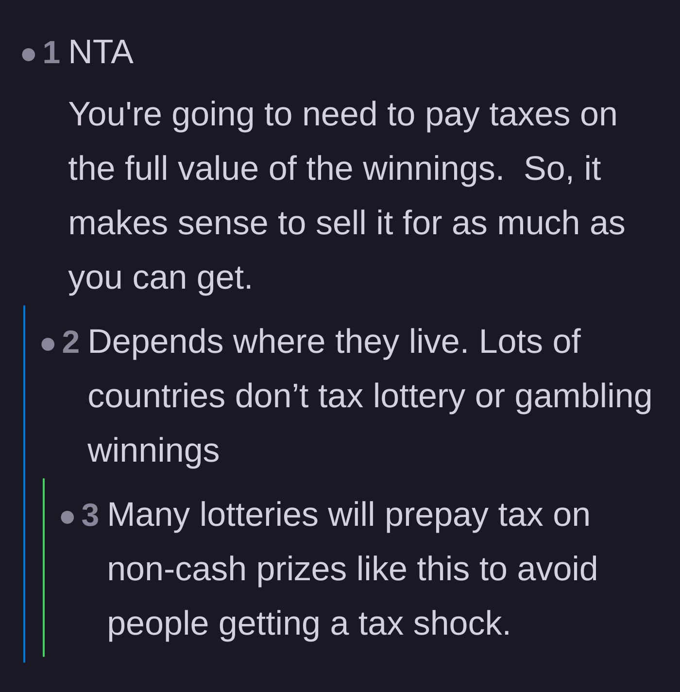 Comment thread 3 - A debate regarding the potential tax liabilities the seller will face on the raffle winnings.