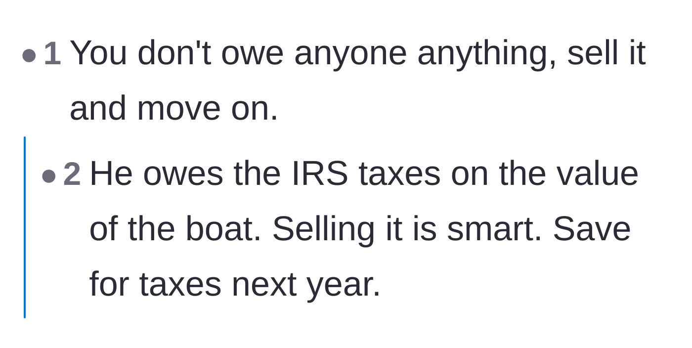 Comment thread 5 - Advice reinforcing that the seller owes nothing to strangers and needs to prepare for IRS taxes.
