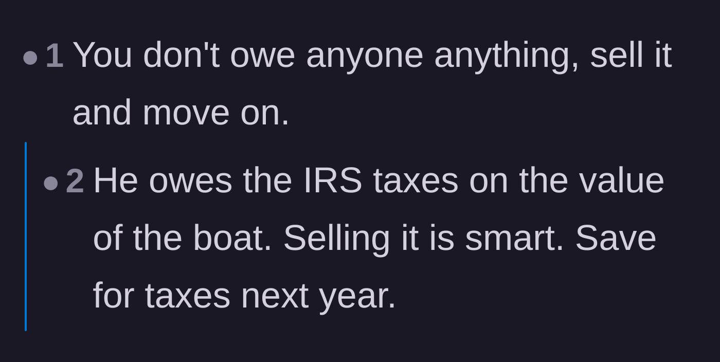 Comment thread 5 - Advice reinforcing that the seller owes nothing to strangers and needs to prepare for IRS taxes.