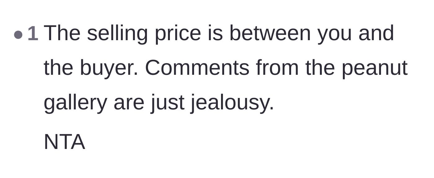Comment thread 6 - A reminder that the transaction is strictly between the buyer and seller, and outside complaints are just jealousy.