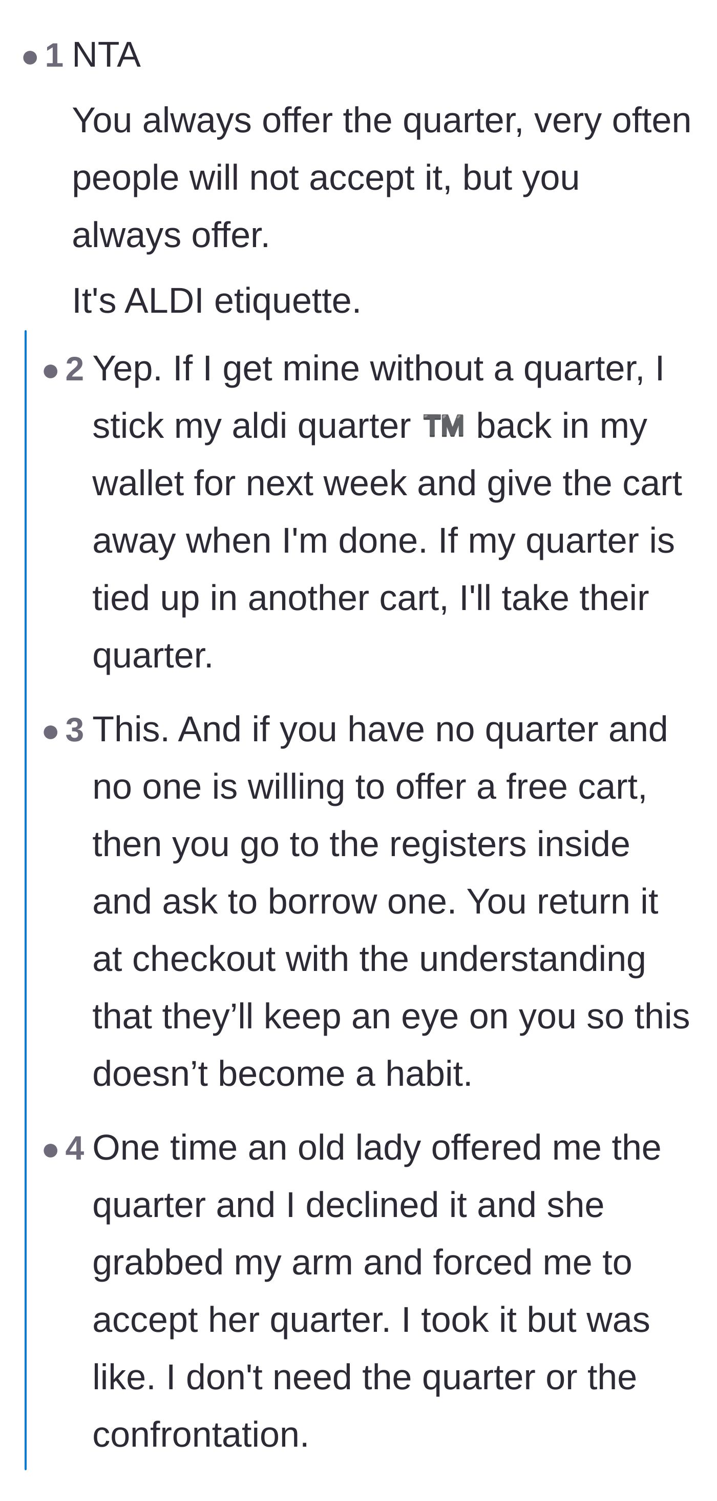 Comment thread 1 - A discussion about the strict etiquette of offering a quarter and the sanctity of the designated Aldi coin.