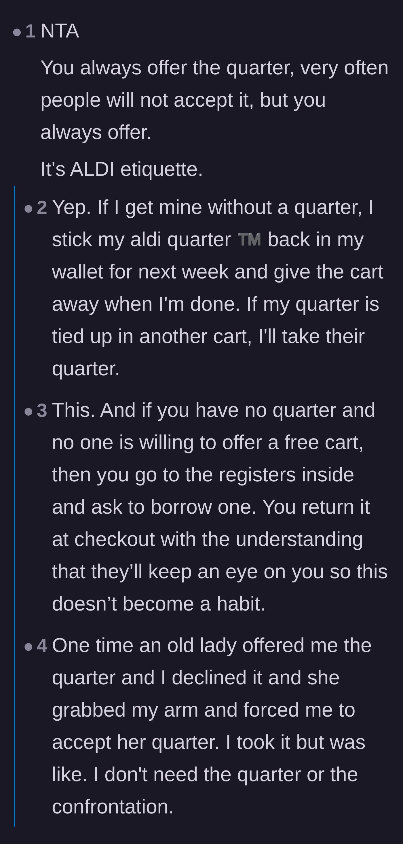 Comment thread 1 - A discussion about the strict etiquette of offering a quarter and the sanctity of the designated Aldi coin.