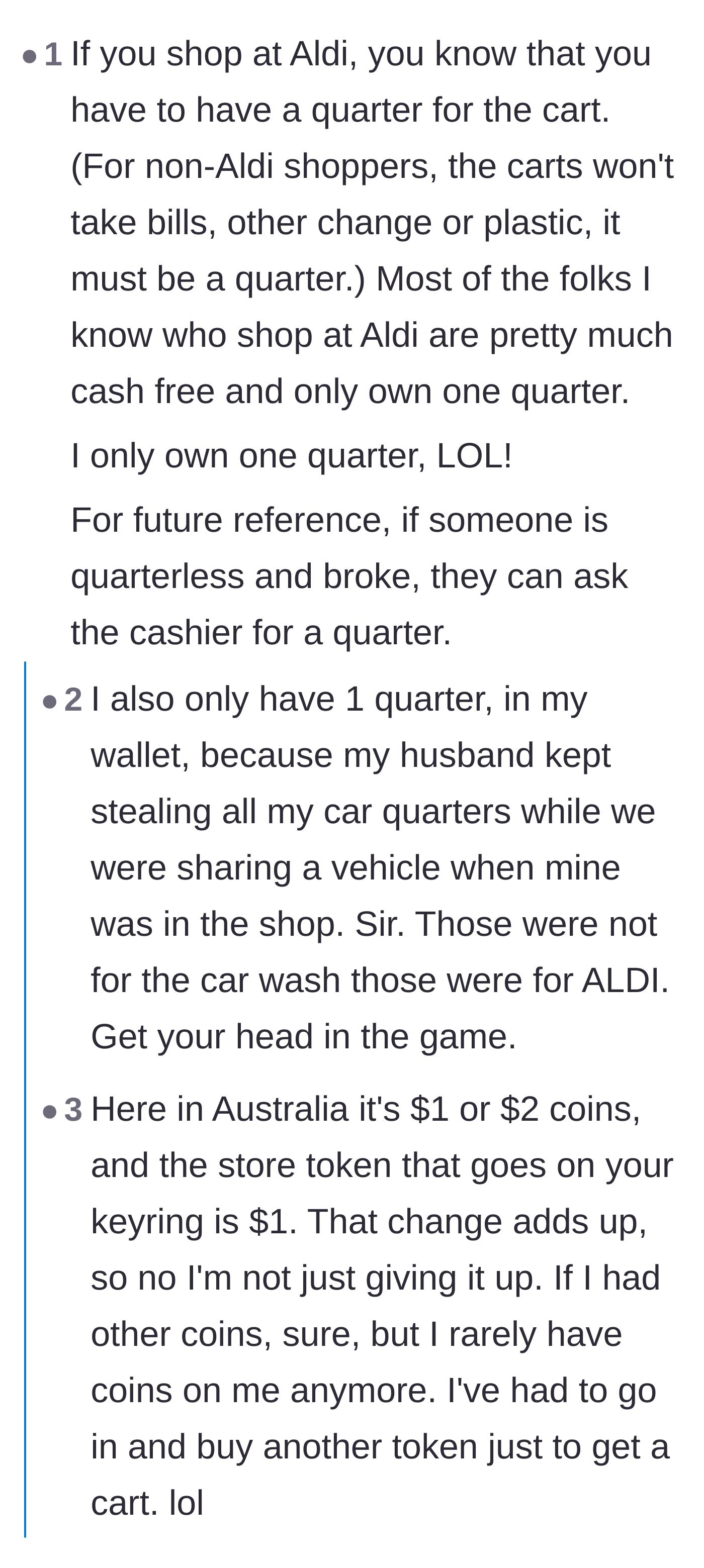 Comment thread 3 - Shoppers bonding over the reality of only having one specific quarter for groceries and the frustration of family members taking it.