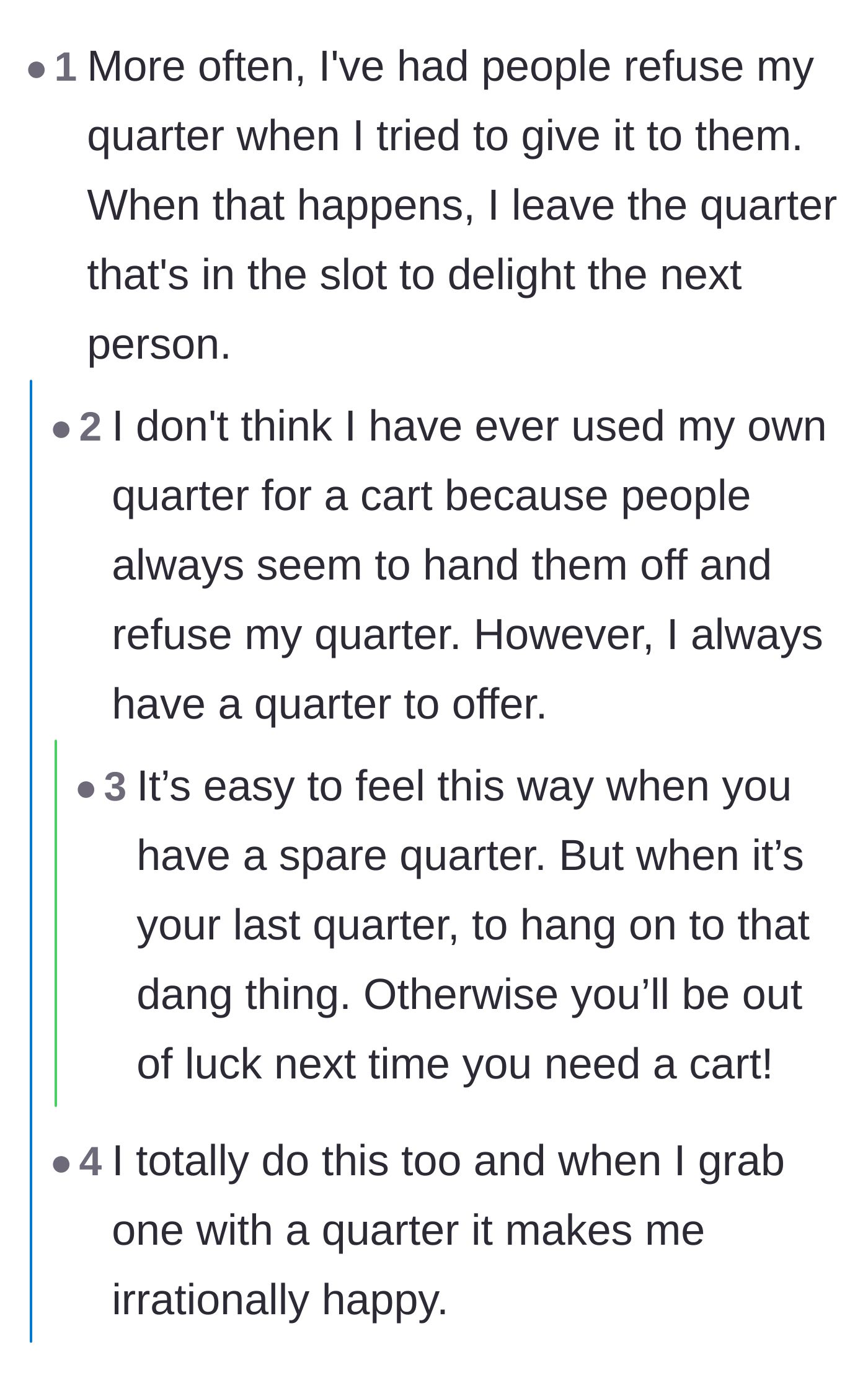 Comment thread 6 - A wholesome thread about the joy of leaving a cart with a quarter in it to surprise the next shopper.