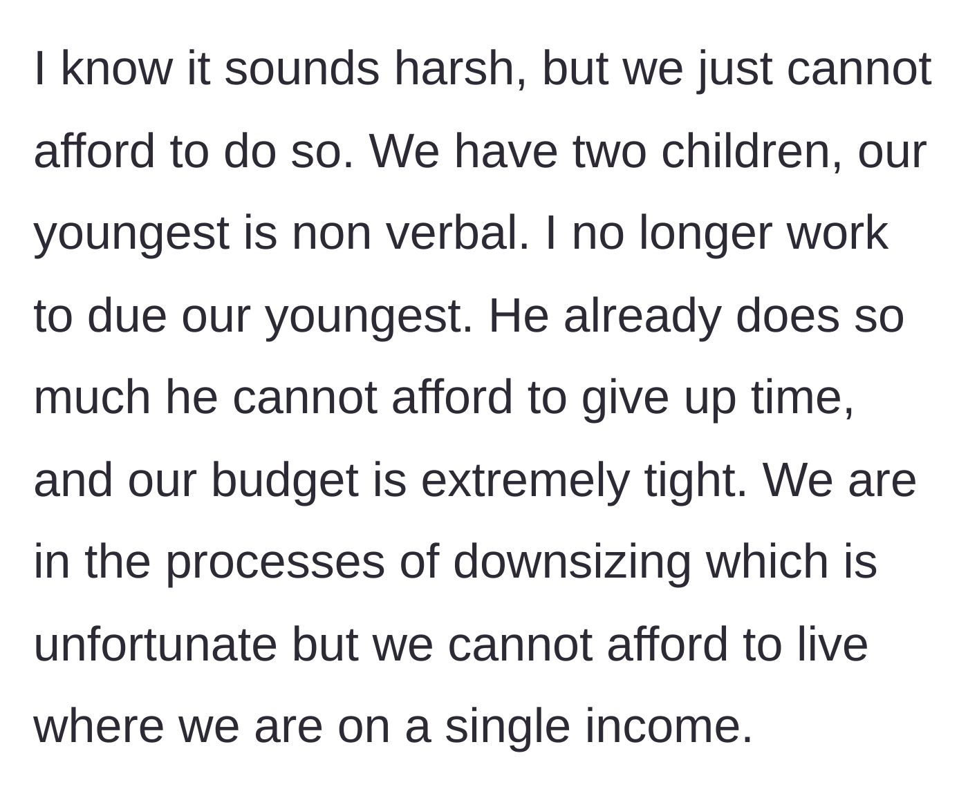 Story part 1 - A stressed mother balancing a tight budget and caring for a non-verbal child at home.