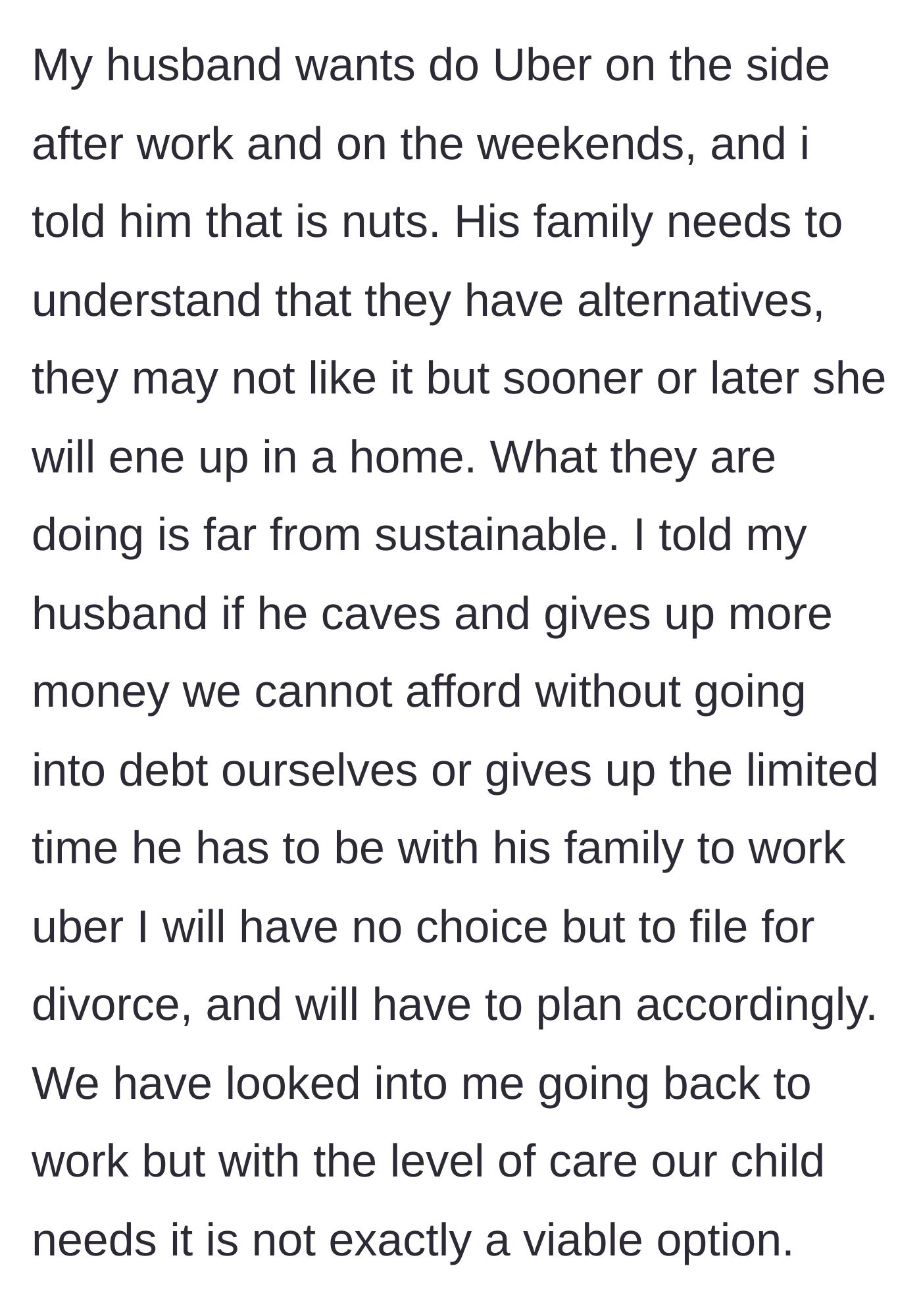 Story part 4 - A tense husband and wife arguing over his proposal to drive Uber, leading to a serious ultimatum.