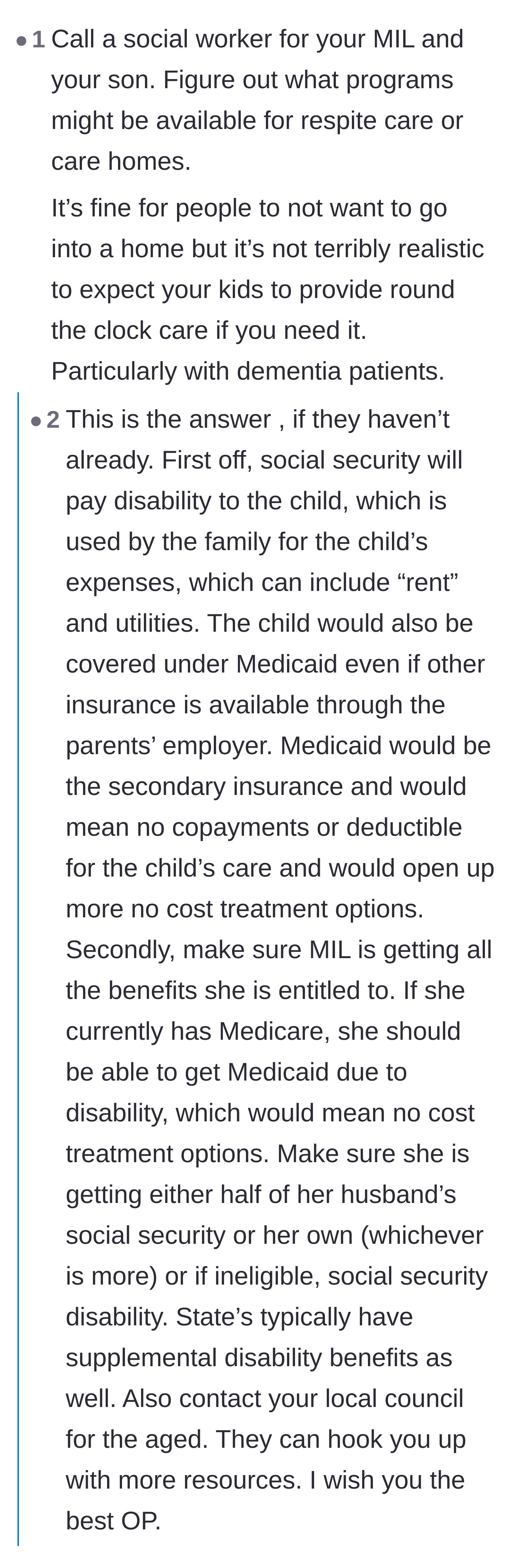 Comment thread 1 - A discussion about state resources like Medicaid and the physical dangers of family members trying to manage dementia care without professional help.