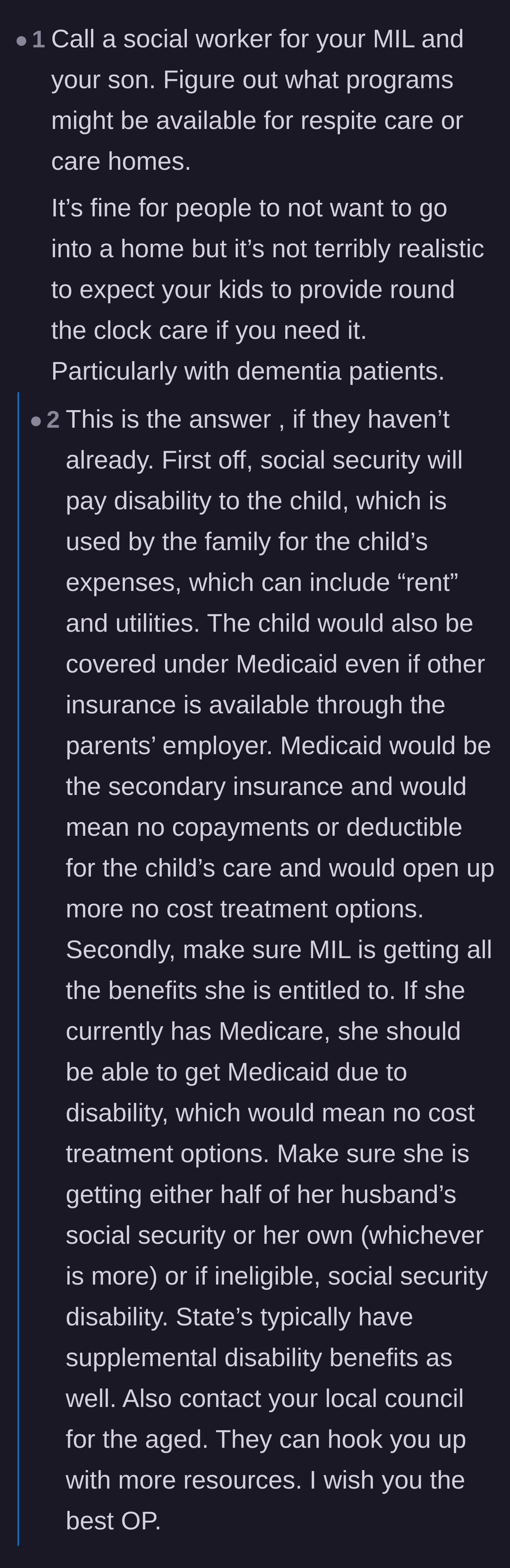 Comment thread 1 - A discussion about state resources like Medicaid and the physical dangers of family members trying to manage dementia care without professional help.
