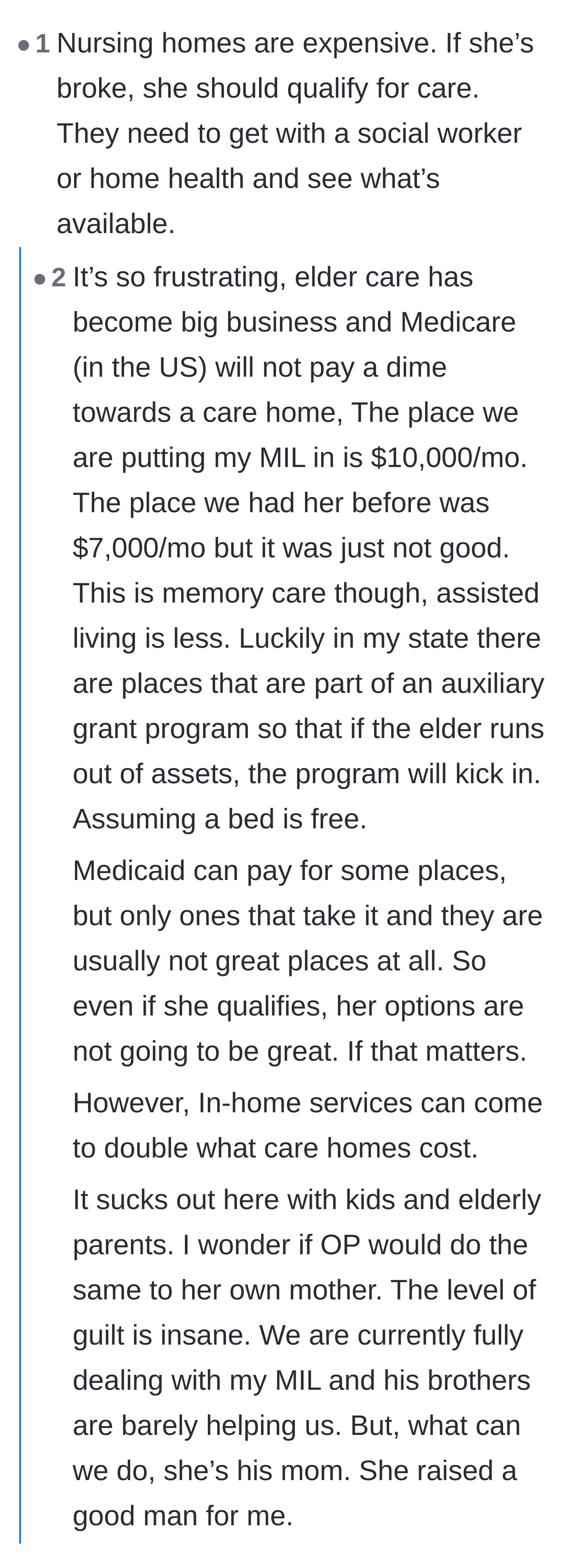 Comment thread 4 - Commenters sharing personal stories about the staggering ten-thousand-dollar monthly costs of memory care and the brutal realities of Medicaid.