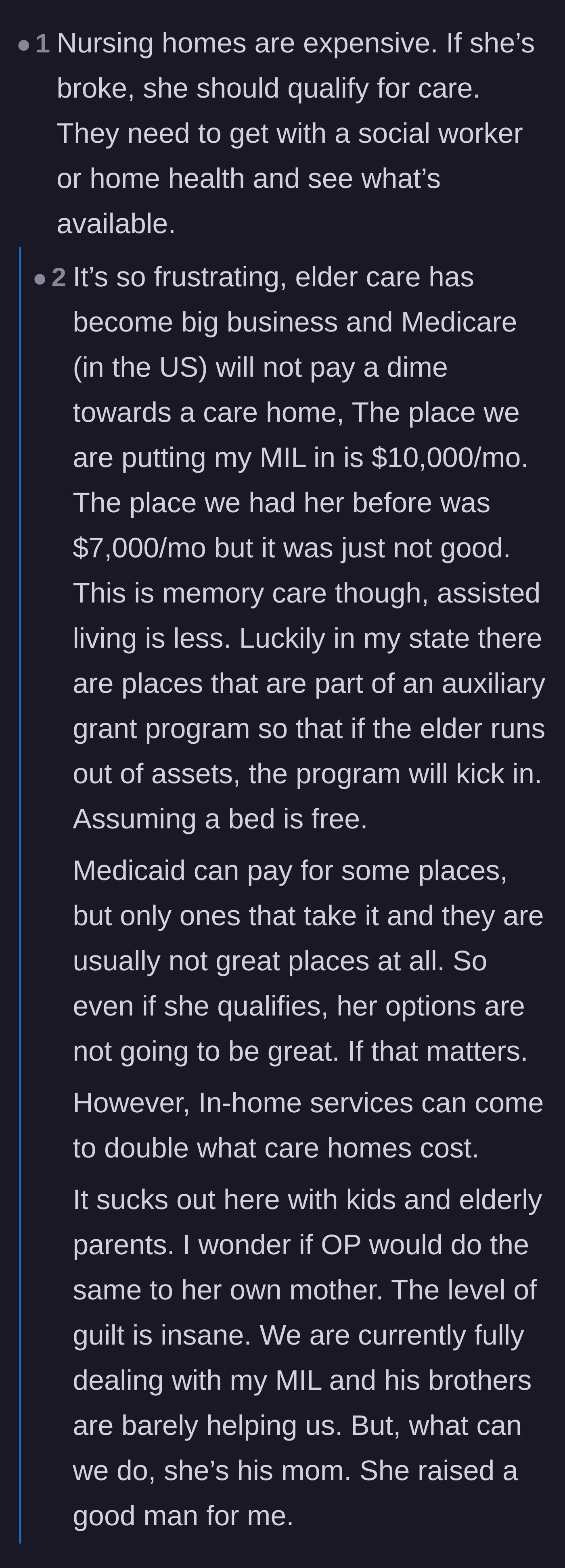 Comment thread 4 - Commenters sharing personal stories about the staggering ten-thousand-dollar monthly costs of memory care and the brutal realities of Medicaid.