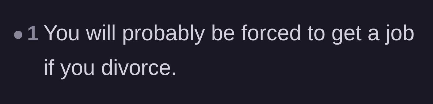 Comment thread 6 - A blunt warning to the wife that she will be forced to re-enter the workforce if she actually goes through with the divorce.