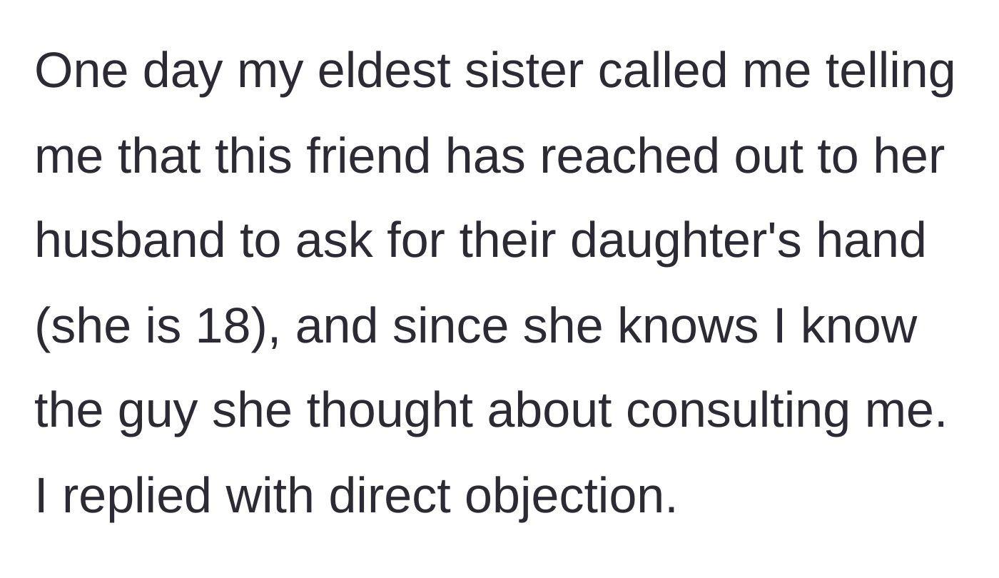 Story part 2 - The author receives a shocking call from their sister: the 29-year-old man wants to marry her 18-year-old daughter.