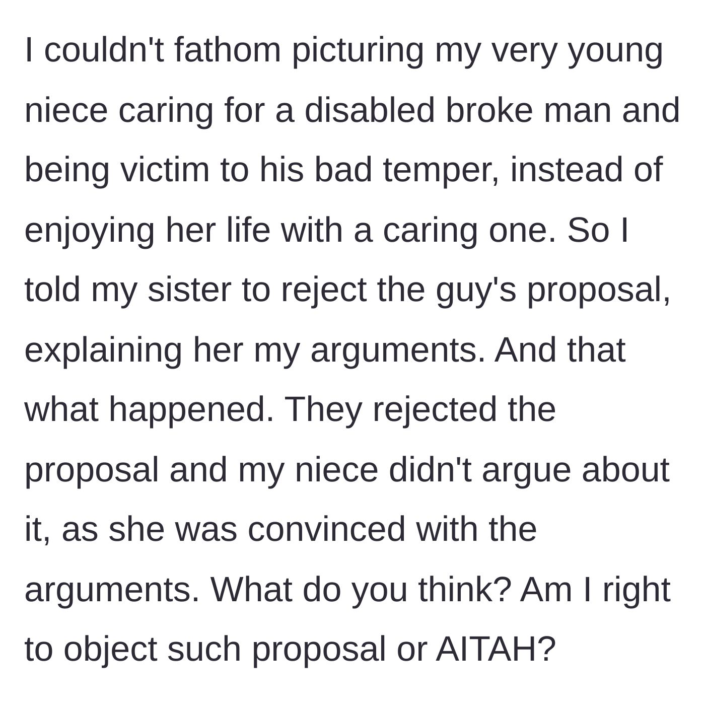 Story part 5 - The author advises the sister to reject the proposal, and thankfully, the niece listens to her family's reasoning without a fight.