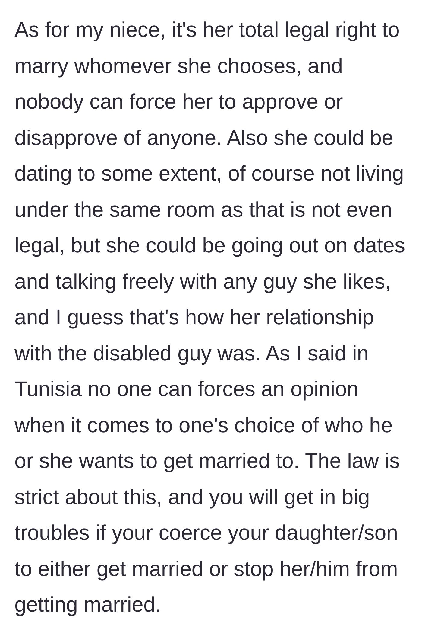 Story part 7 - The author stresses that under Tunisian law, the niece has the absolute freedom and autonomy to marry or date whoever she wants.