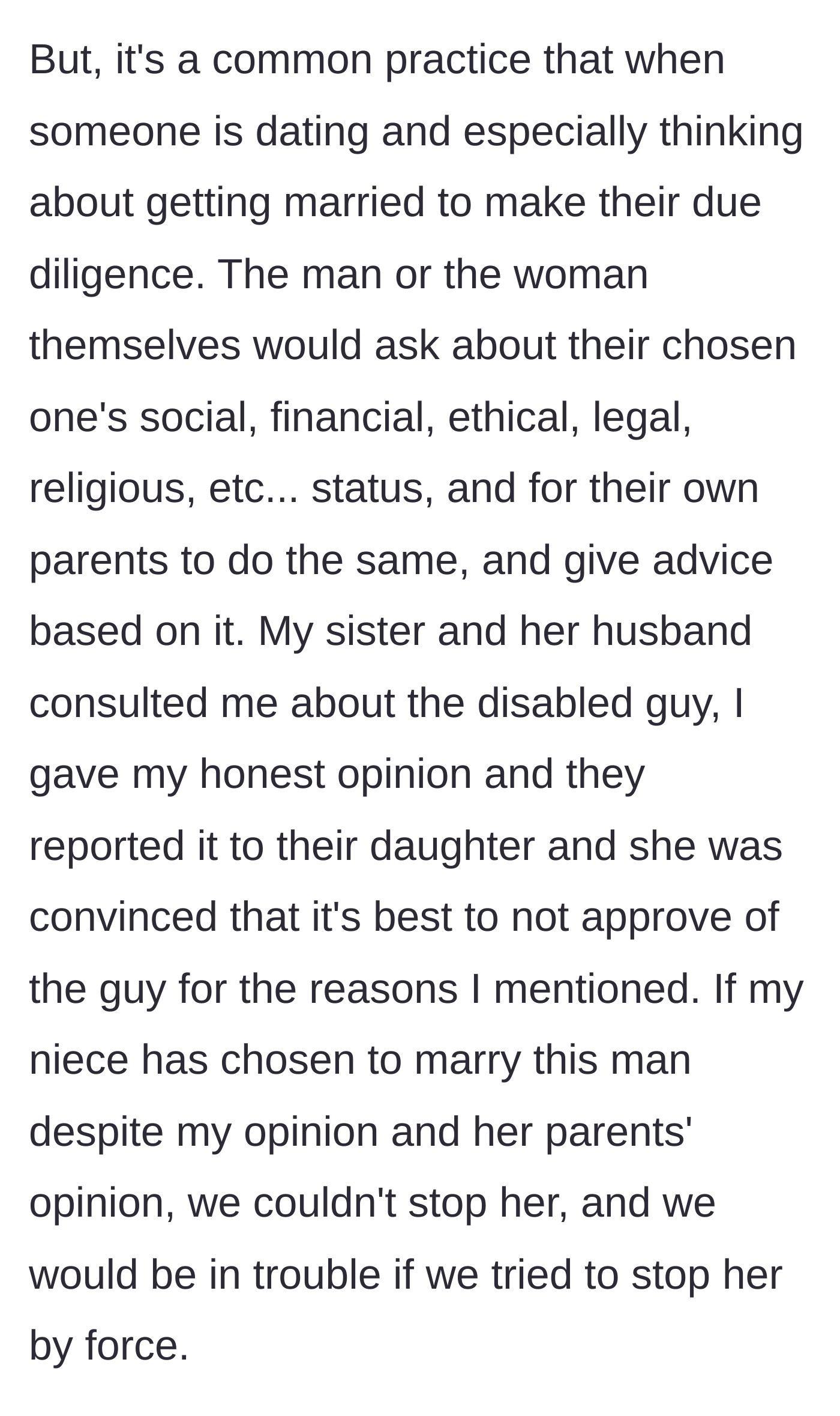 Story part 8 - The author explains the cultural tradition of families doing due diligence and offering honest advice about a potential spouse's background.