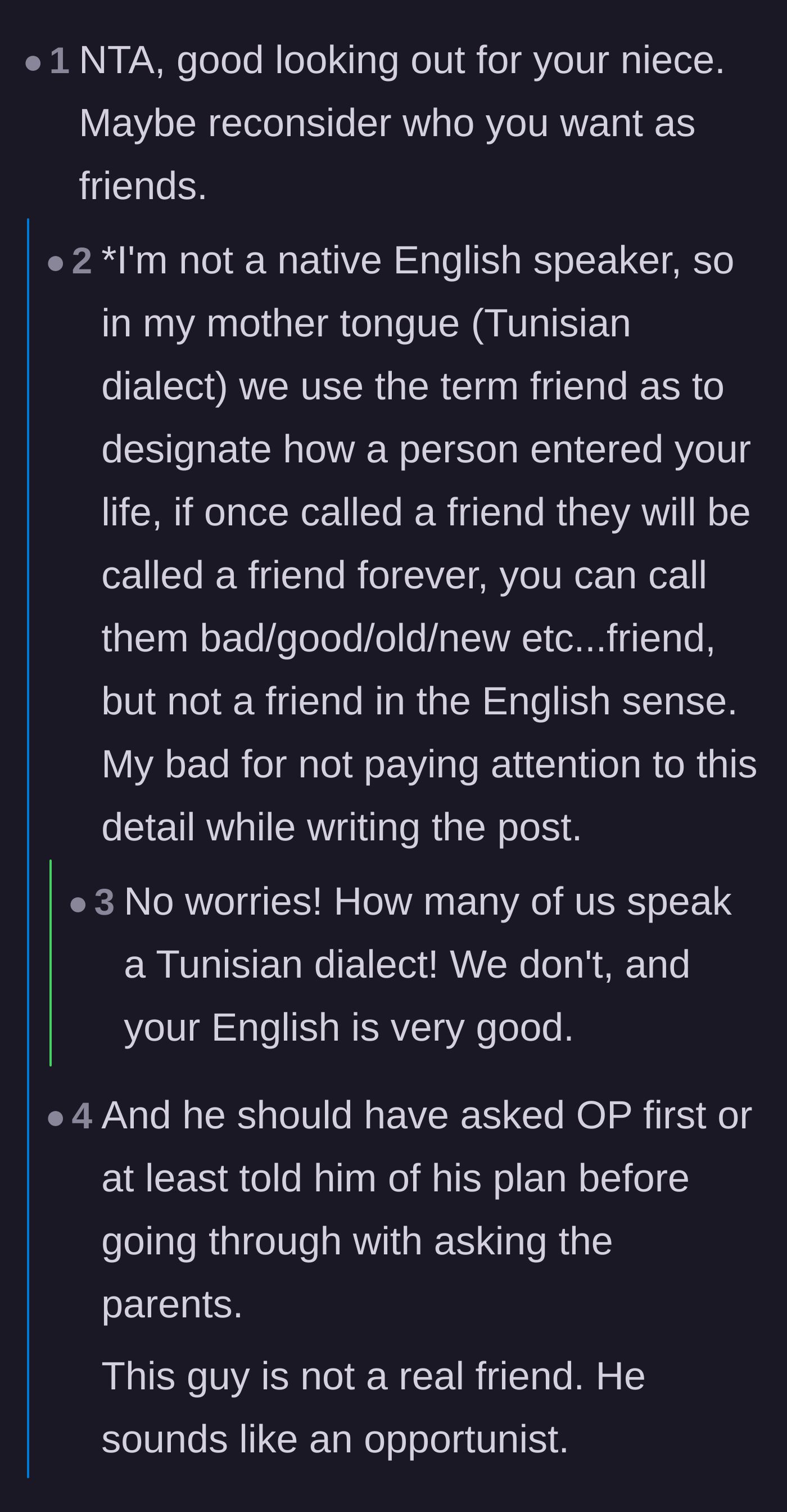 Comment thread 1 - Readers discussing the author's use of the word 'friend' and learning about Tunisian phrasing