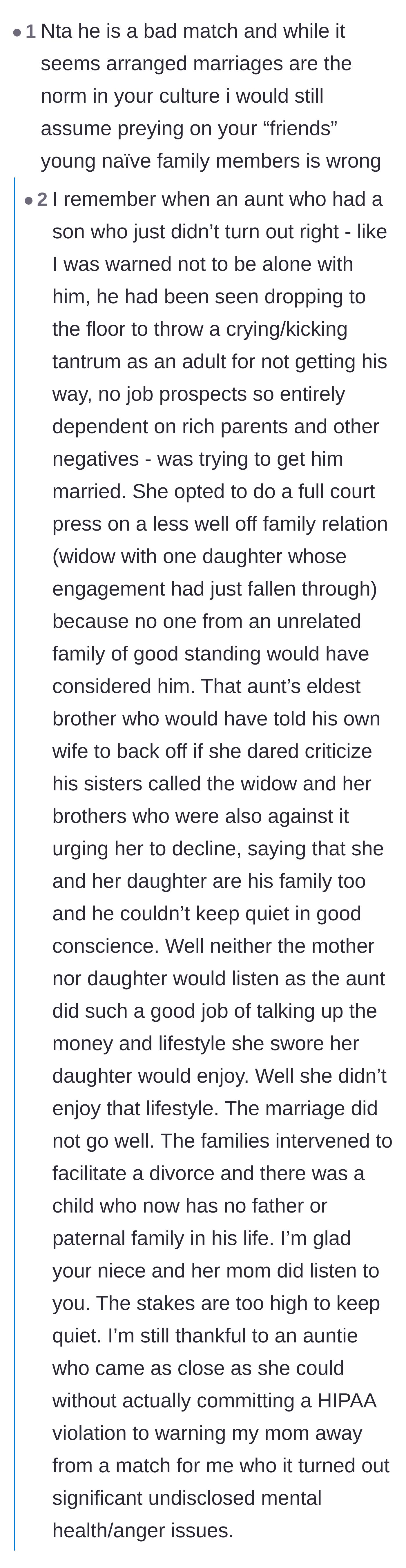 Comment thread 2 - A reader sharing a deeply personal story about a family forcing a disastrous marriage with an unstable relative