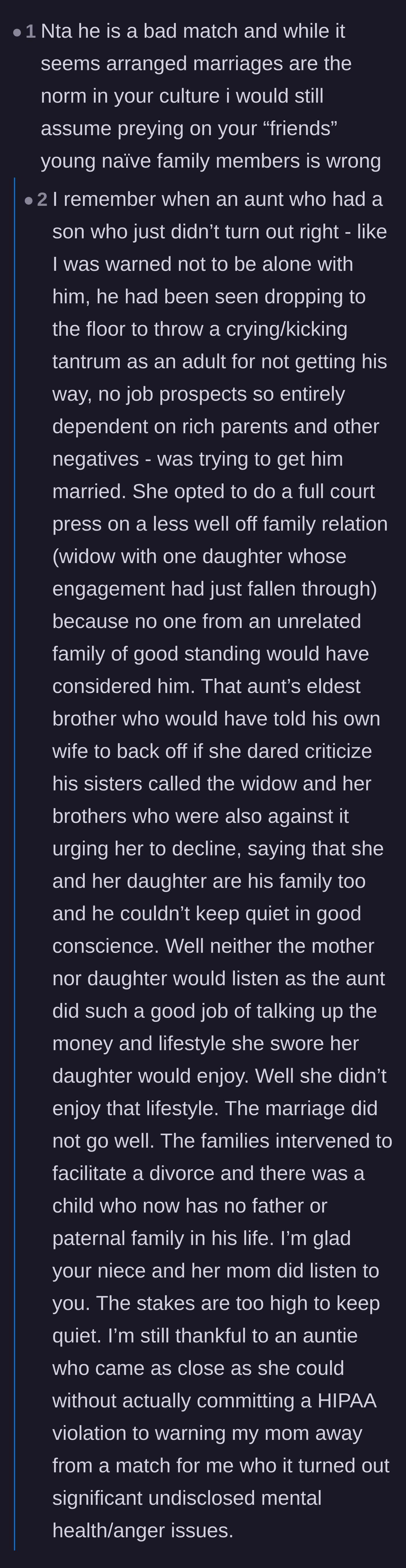 Comment thread 2 - A reader sharing a deeply personal story about a family forcing a disastrous marriage with an unstable relative