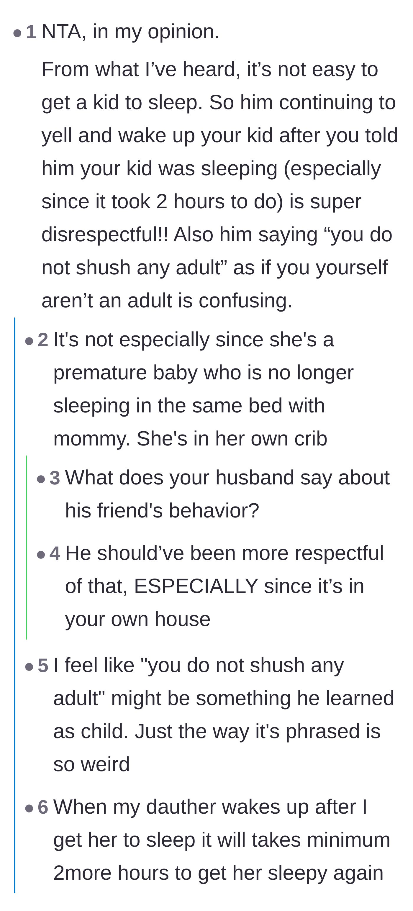 Comment thread 1 - Readers dissecting the friend's weird, infantilizing demand that an adult cannot shush another adult.