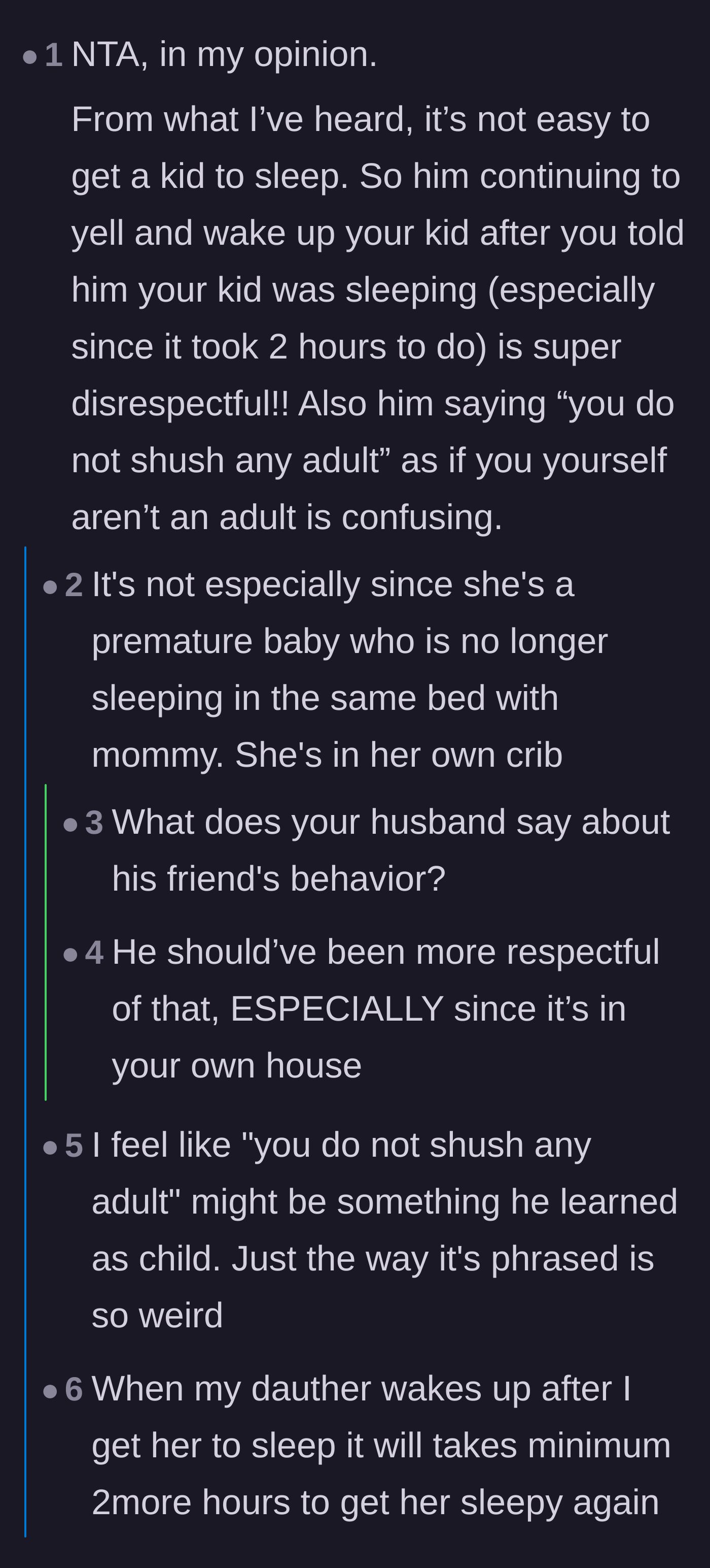 Comment thread 1 - Readers dissecting the friend's weird, infantilizing demand that an adult cannot shush another adult.