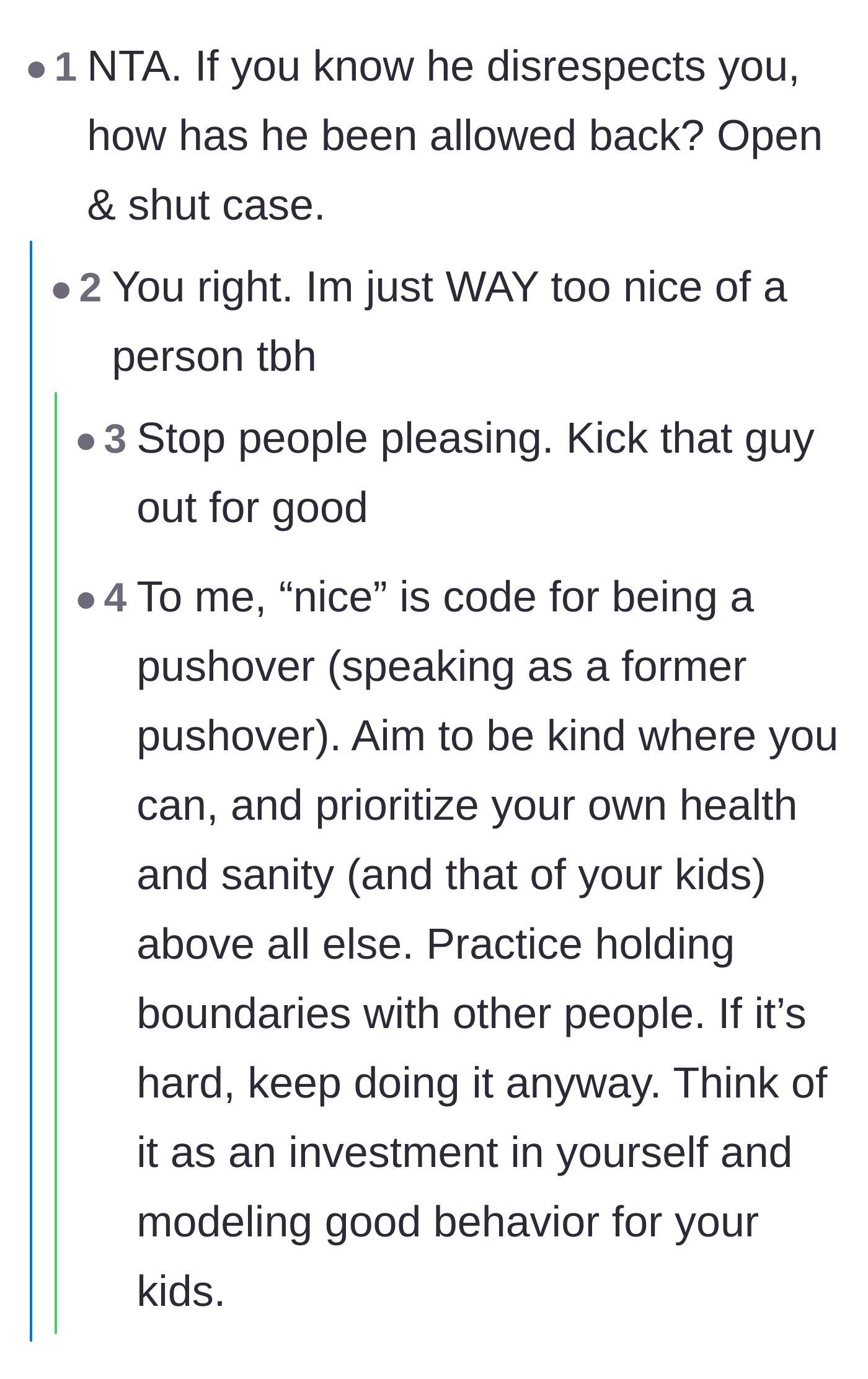 Comment thread 3 - Advice urging the author to stop people-pleasing and recognize that being 'nice' often just means being a pushover.