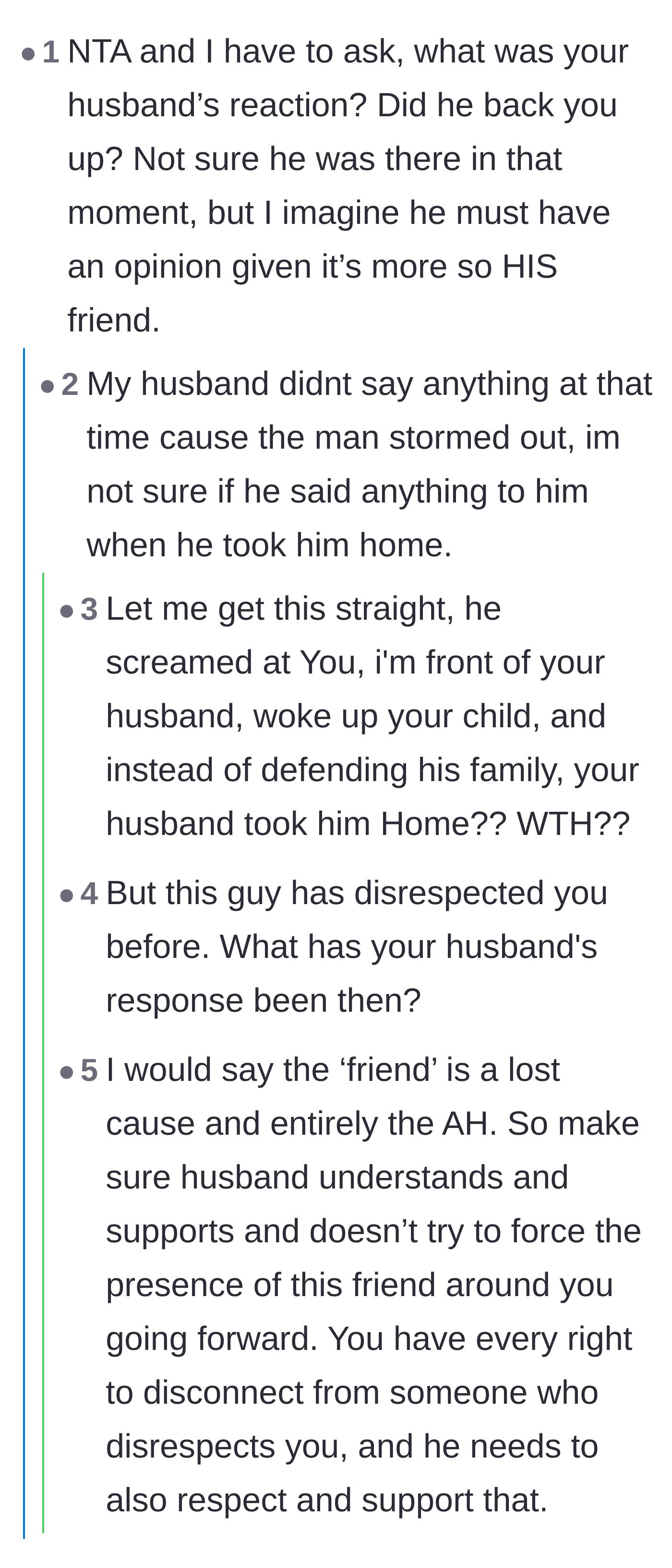 Comment thread 4 - Shocked reactions to the revelation that the husband drove the friend home instead of defending his wife.