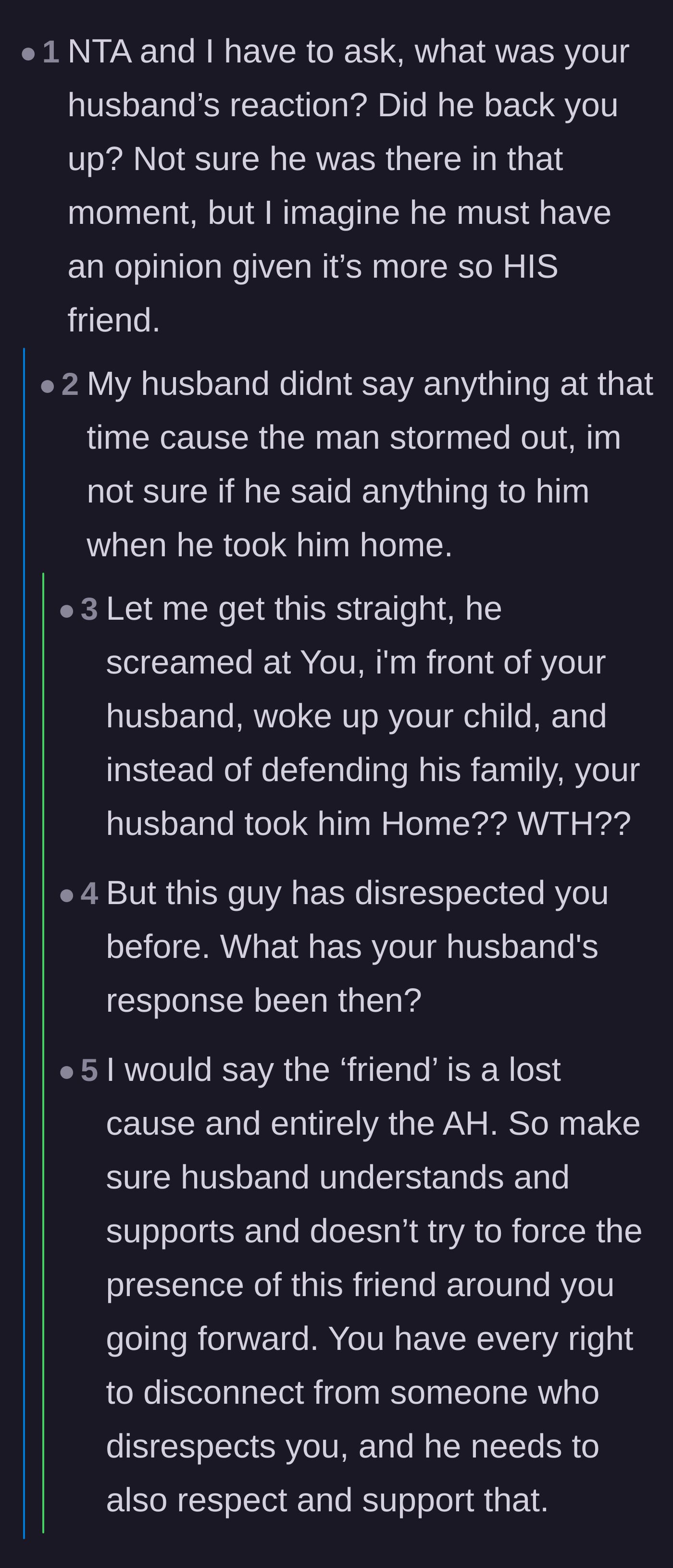 Comment thread 4 - Shocked reactions to the revelation that the husband drove the friend home instead of defending his wife.