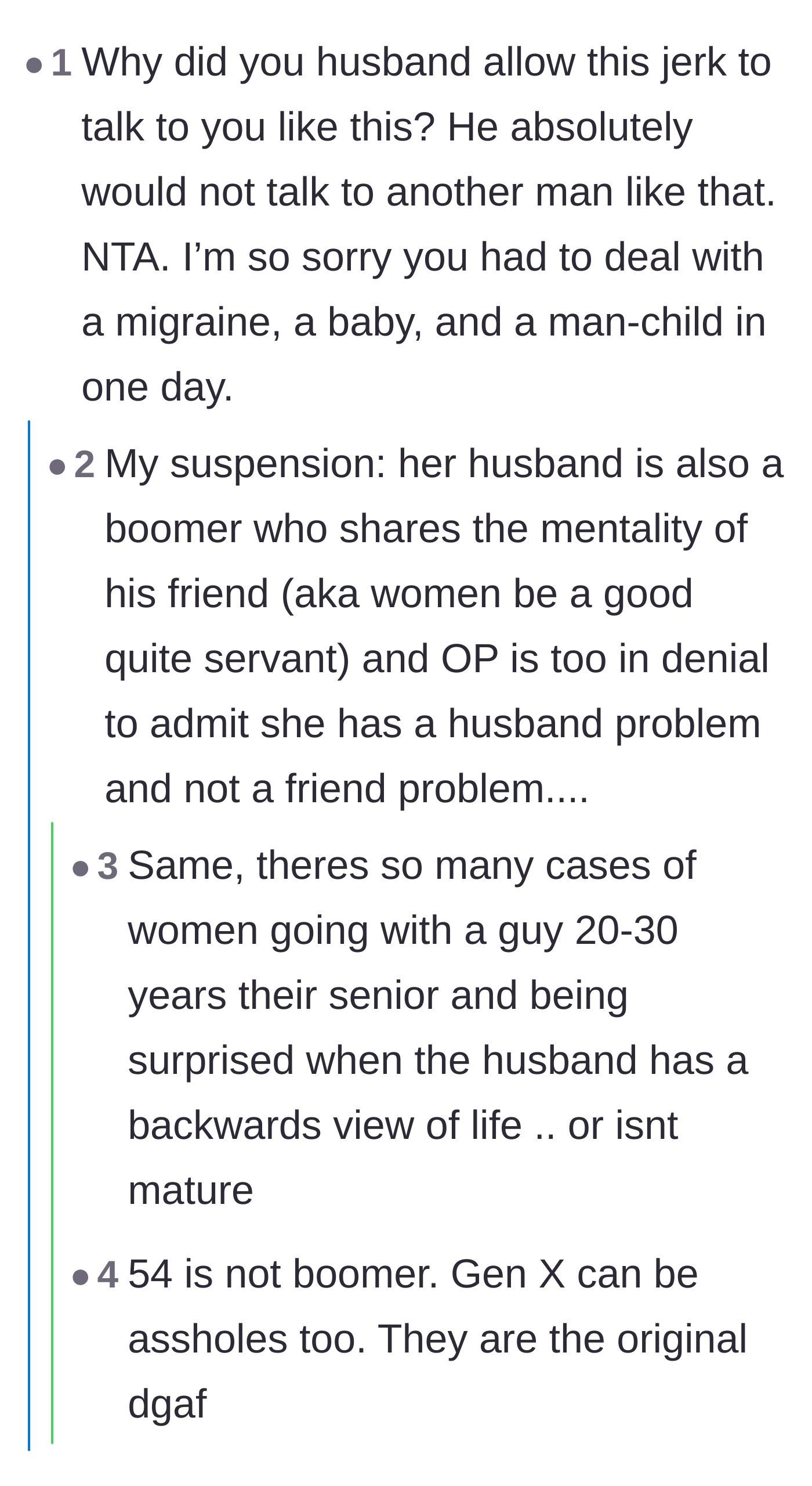 Comment thread 5 - A debate about the generational misogyny and patriarchal mindset that might explain the husband's passive behavior.