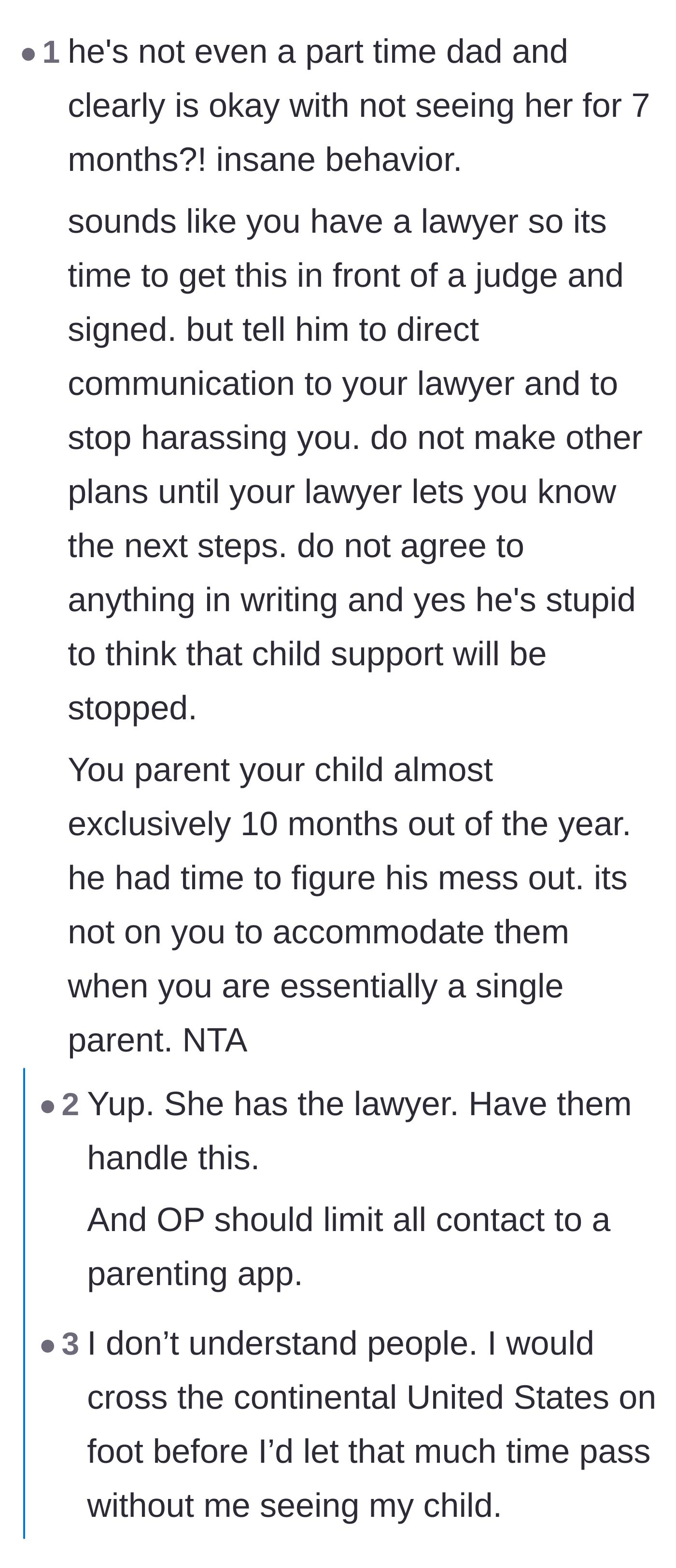 Comment thread 3 - Criticism of the father failing to visit his daughter despite only living a three-hour drive away.