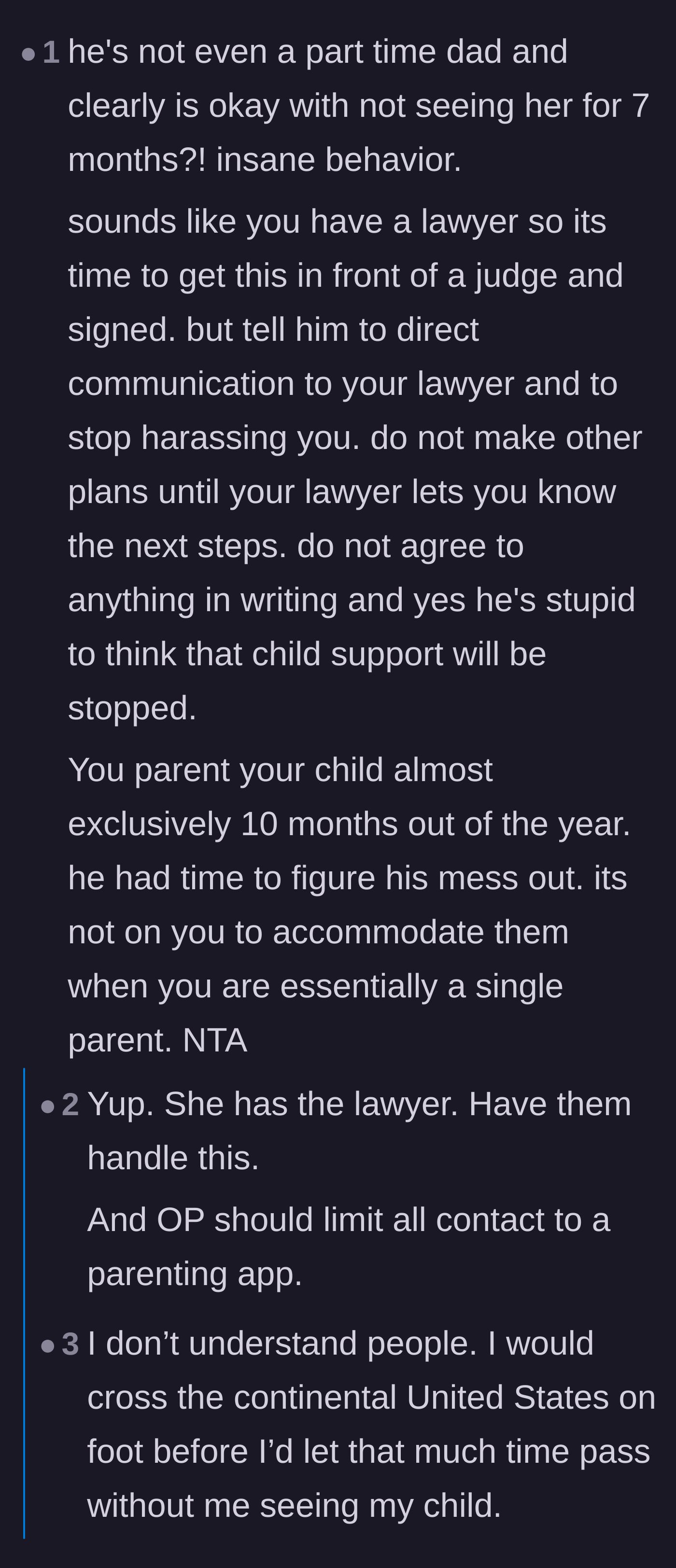 Comment thread 3 - Criticism of the father failing to visit his daughter despite only living a three-hour drive away.