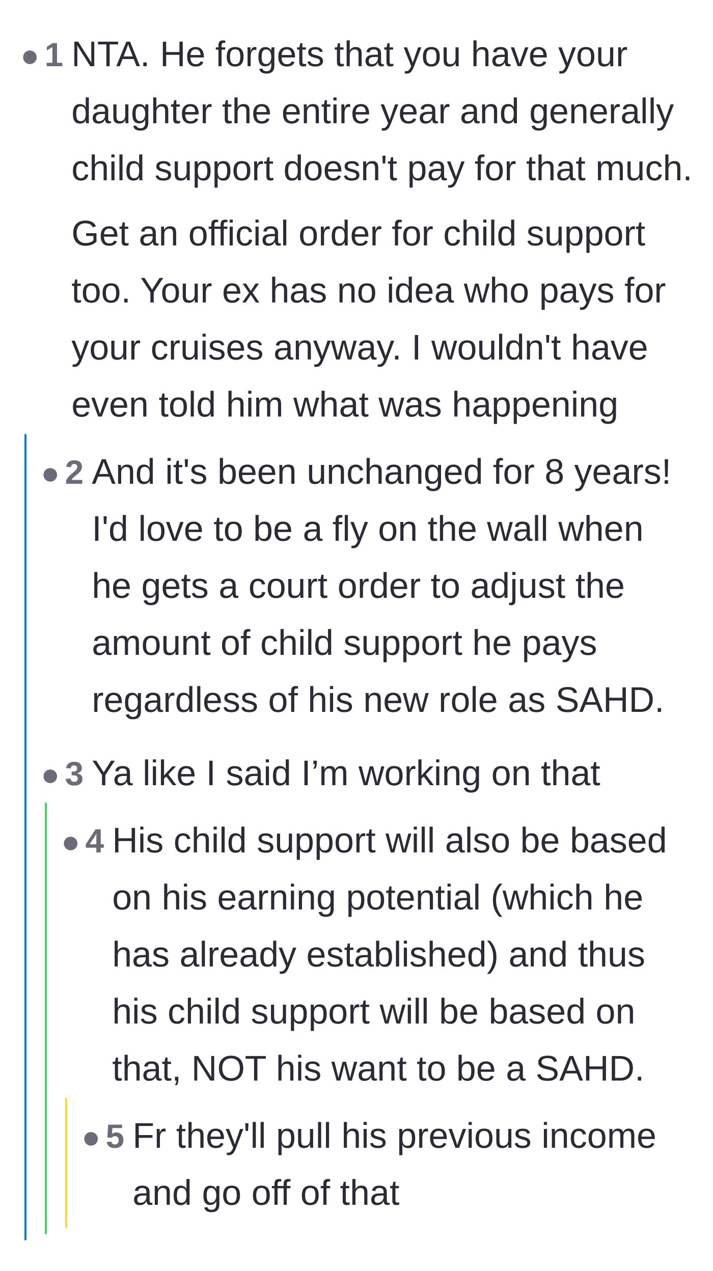 Comment thread 4 - Anticipation of the father's impending shock when the court recalculates his stagnant eight-year-old child support arrangement based on his current earning potential.