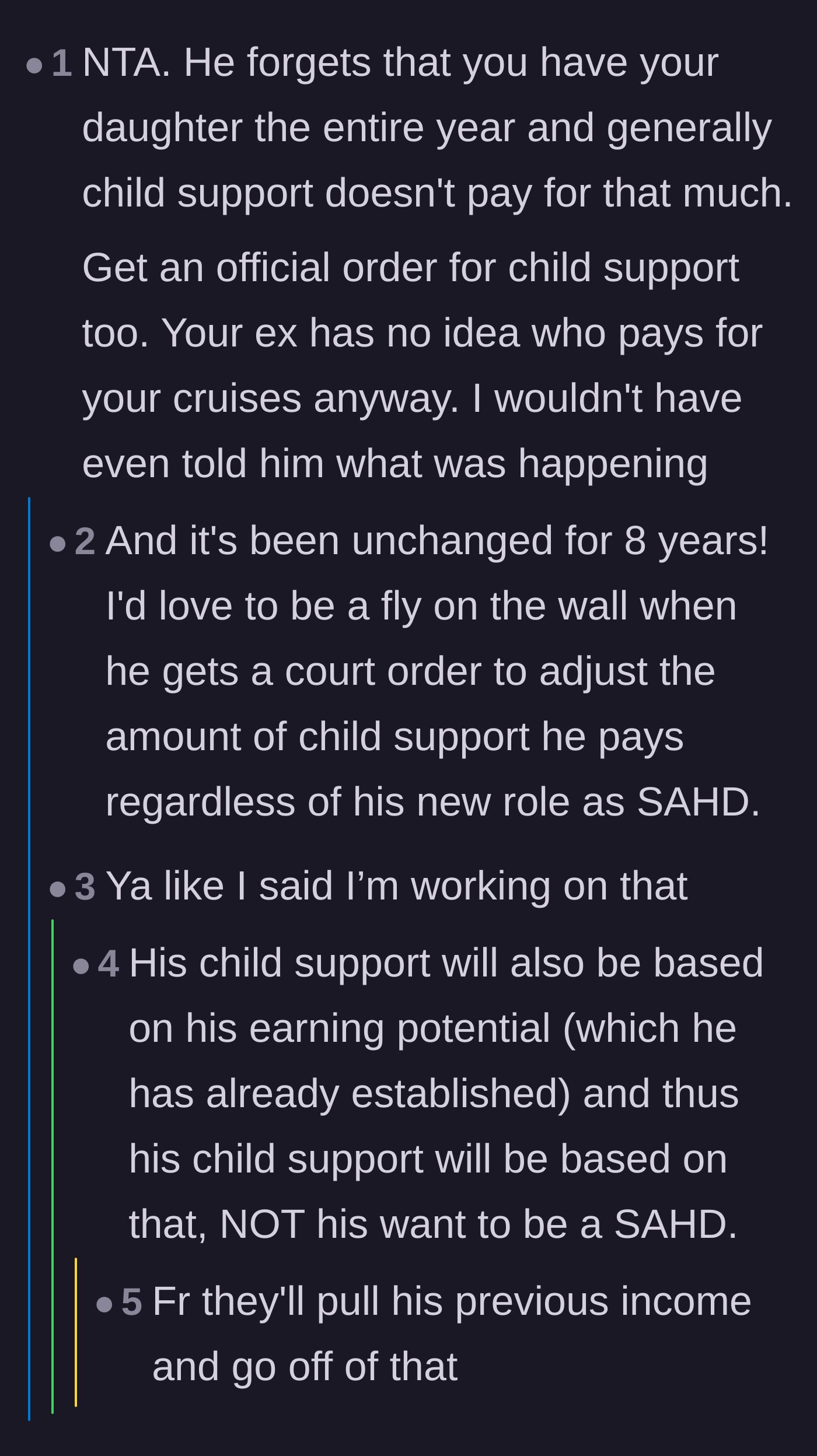 Comment thread 4 - Anticipation of the father's impending shock when the court recalculates his stagnant eight-year-old child support arrangement based on his current earning potential.