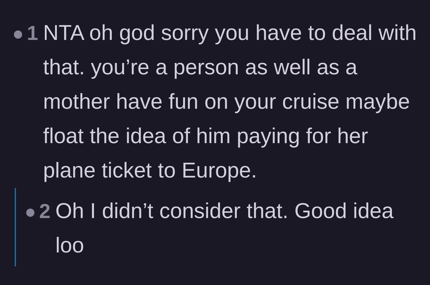 Comment thread 5 - Strategy session suggesting the ex-husband pay for the daughter's European airfare as a penalty for breaking the custody schedule.