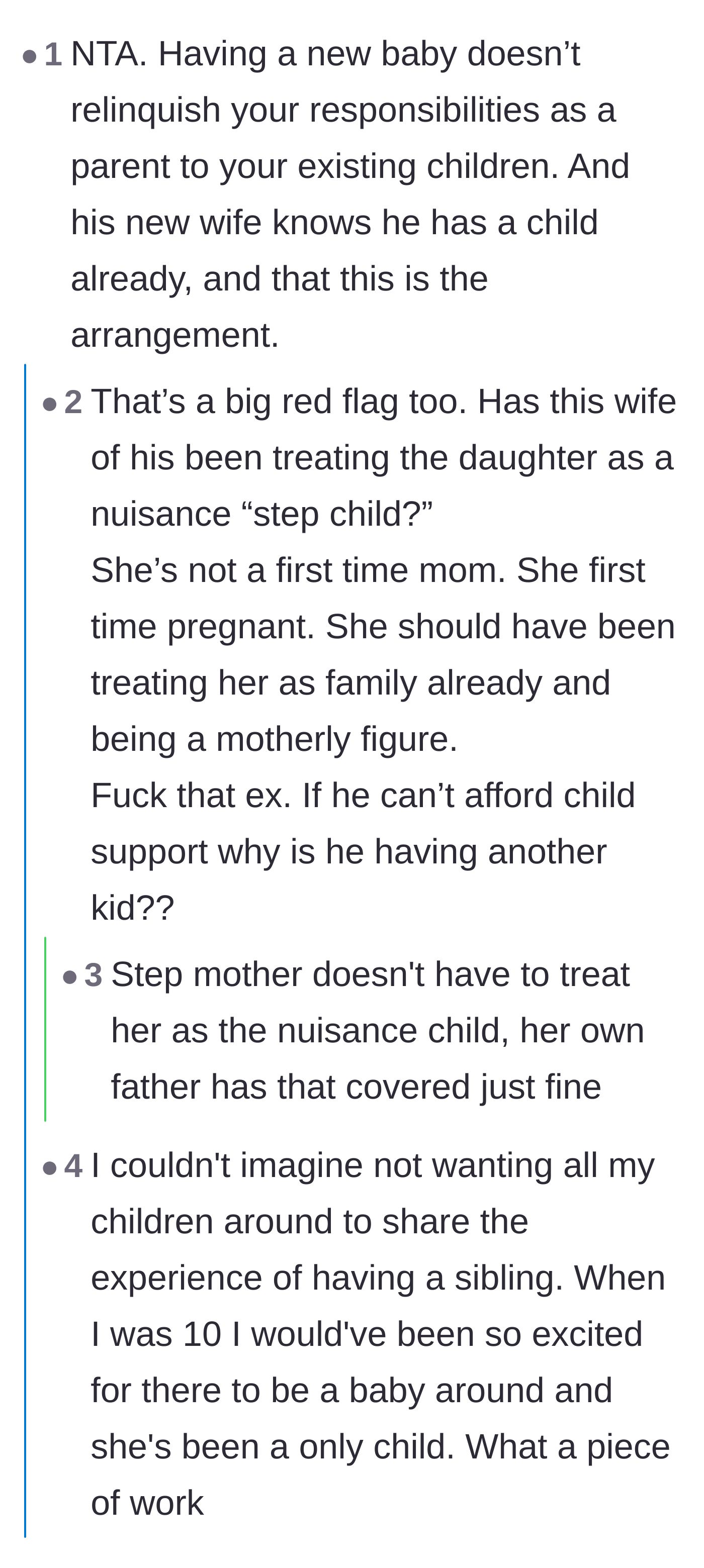 Comment thread 6 - Debate over the stepmother's role and the father treating his firstborn like an obsolete starter family.
