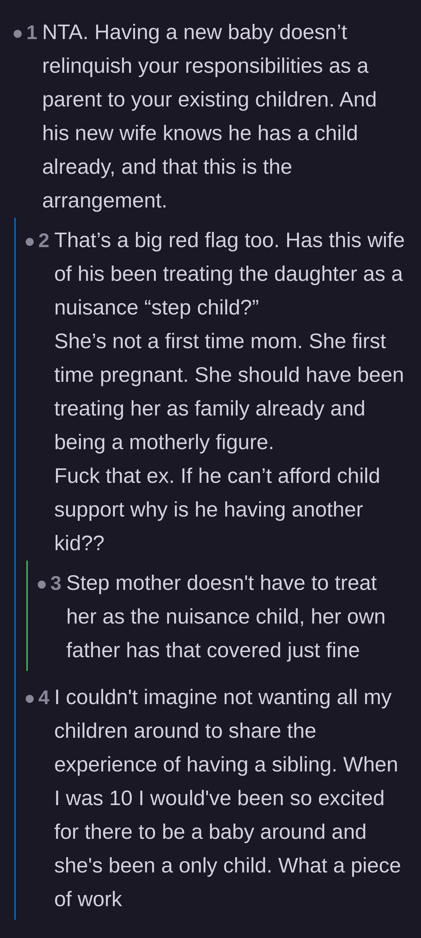 Comment thread 6 - Debate over the stepmother's role and the father treating his firstborn like an obsolete starter family.