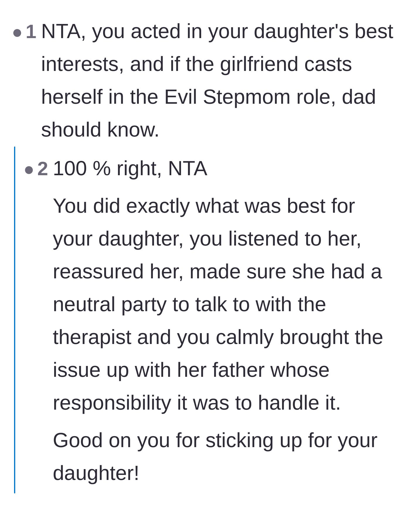 Comment thread 2 - Readers praising the mom for acting in her daughter's best interests against the evil stepmom pattern