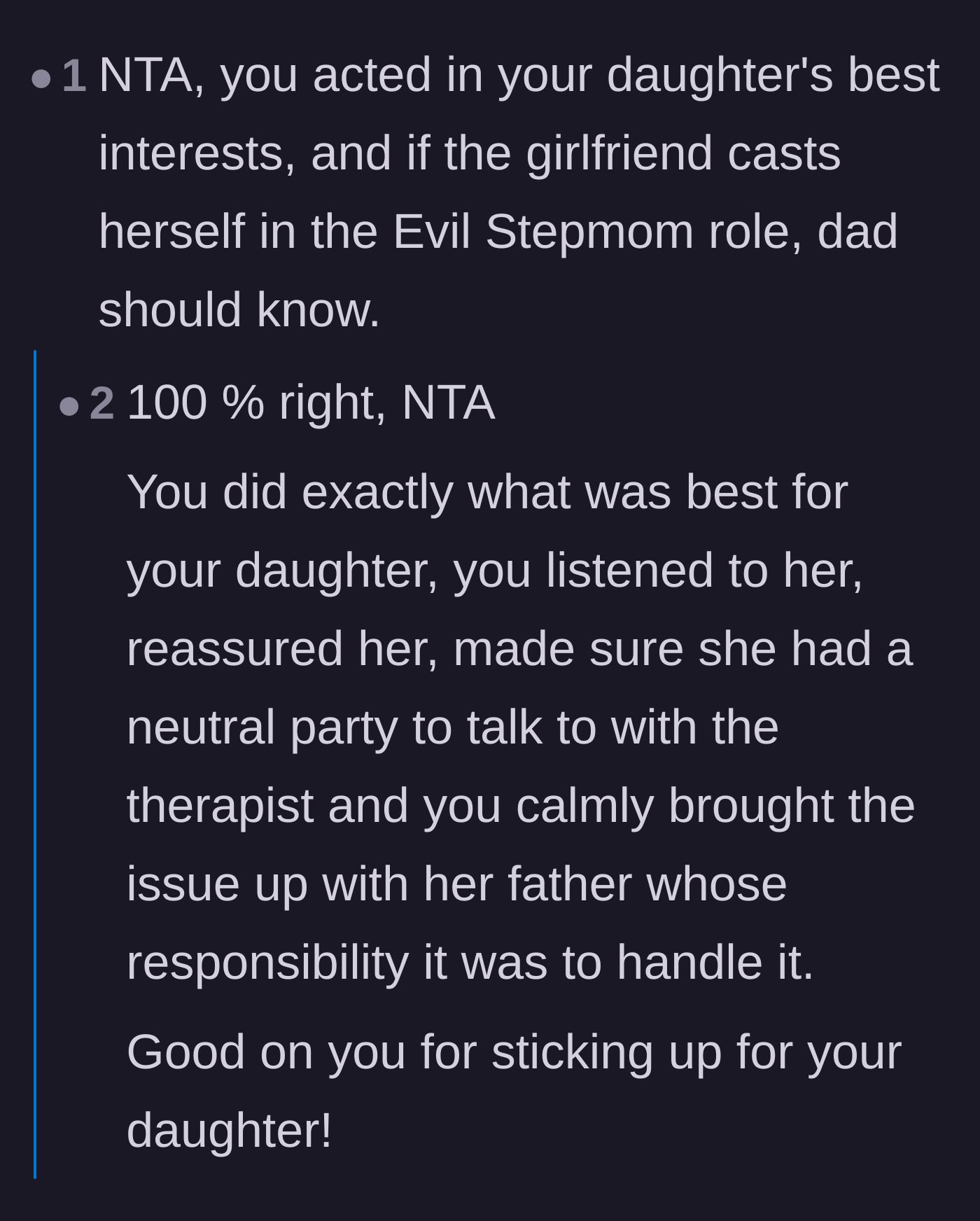 Comment thread 2 - Readers praising the mom for acting in her daughter's best interests against the evil stepmom pattern