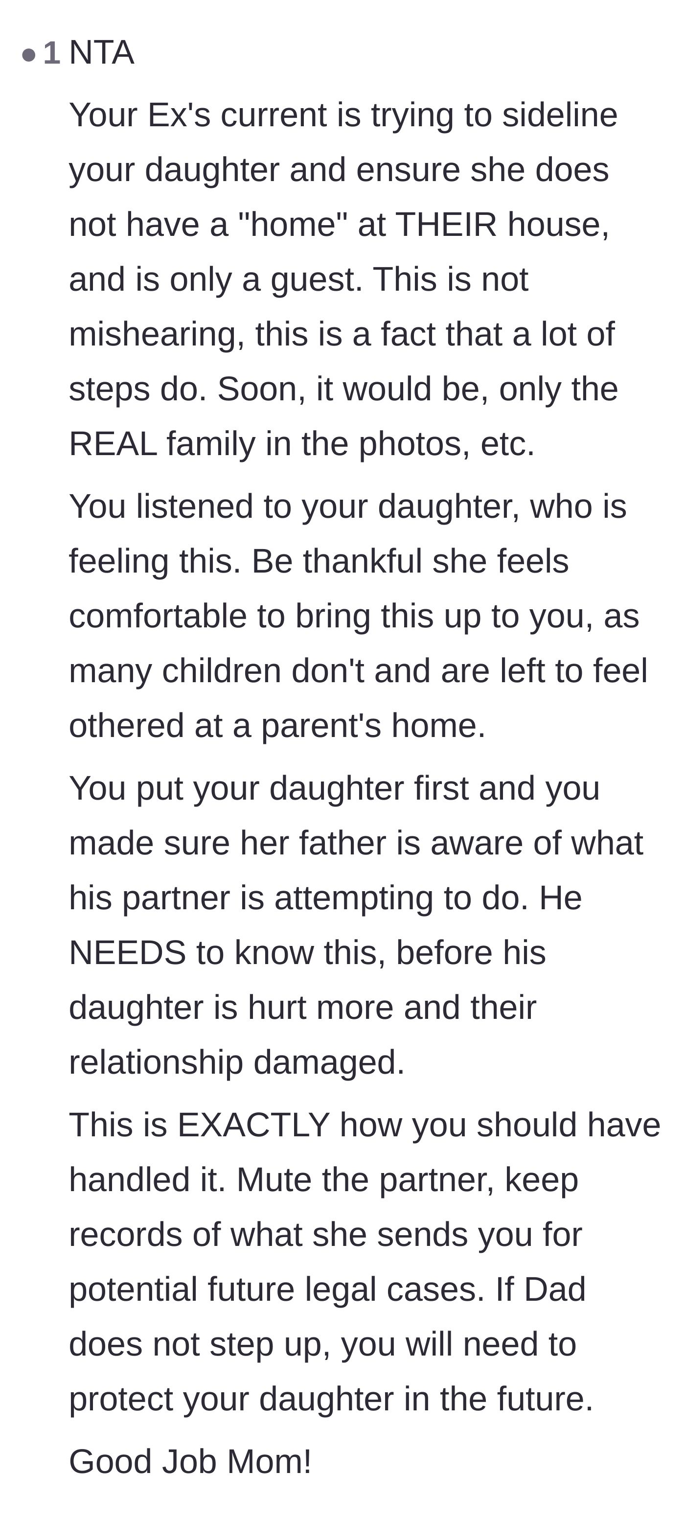 Comment thread 6 - Validation that the stepmom is intentionally trying to sideline the daughter from the 'real' family