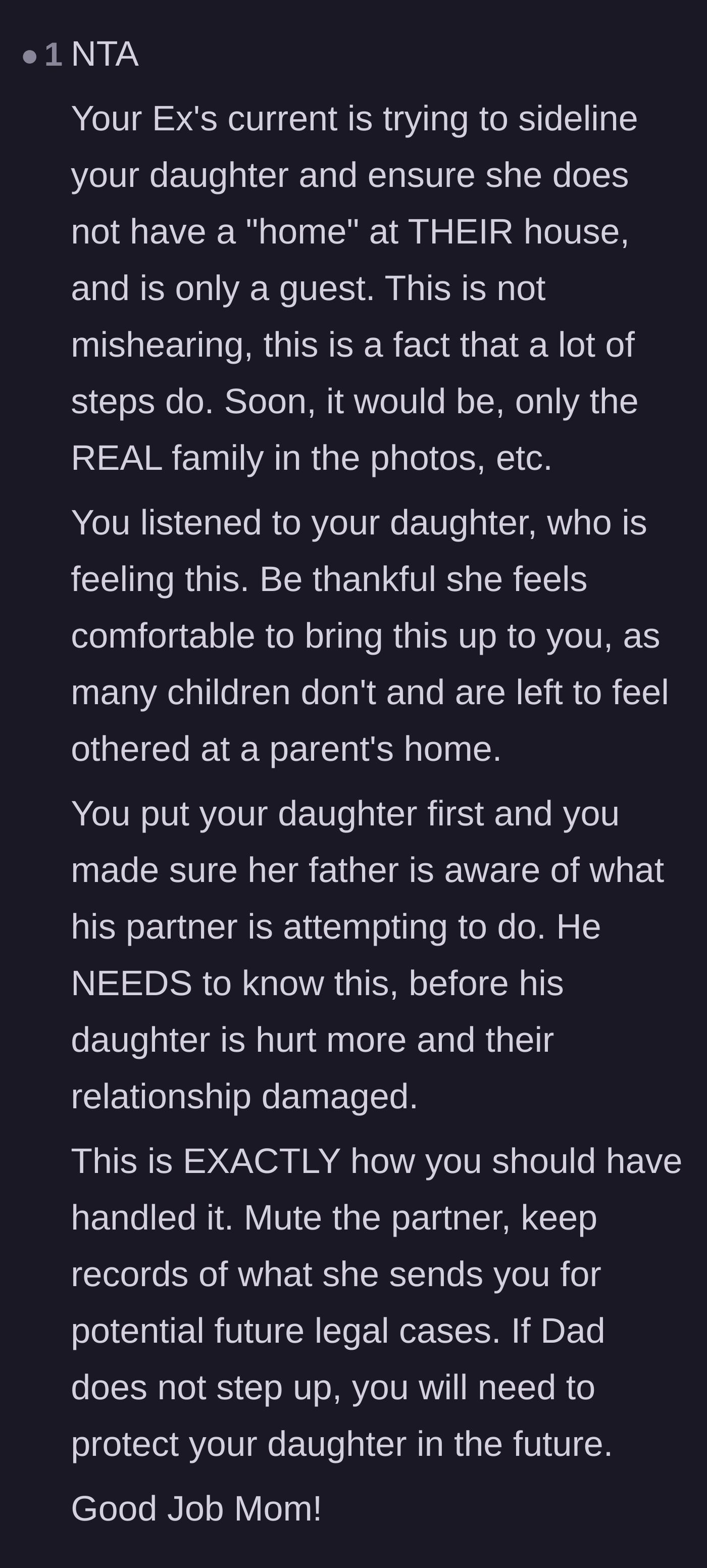 Comment thread 6 - Validation that the stepmom is intentionally trying to sideline the daughter from the 'real' family
