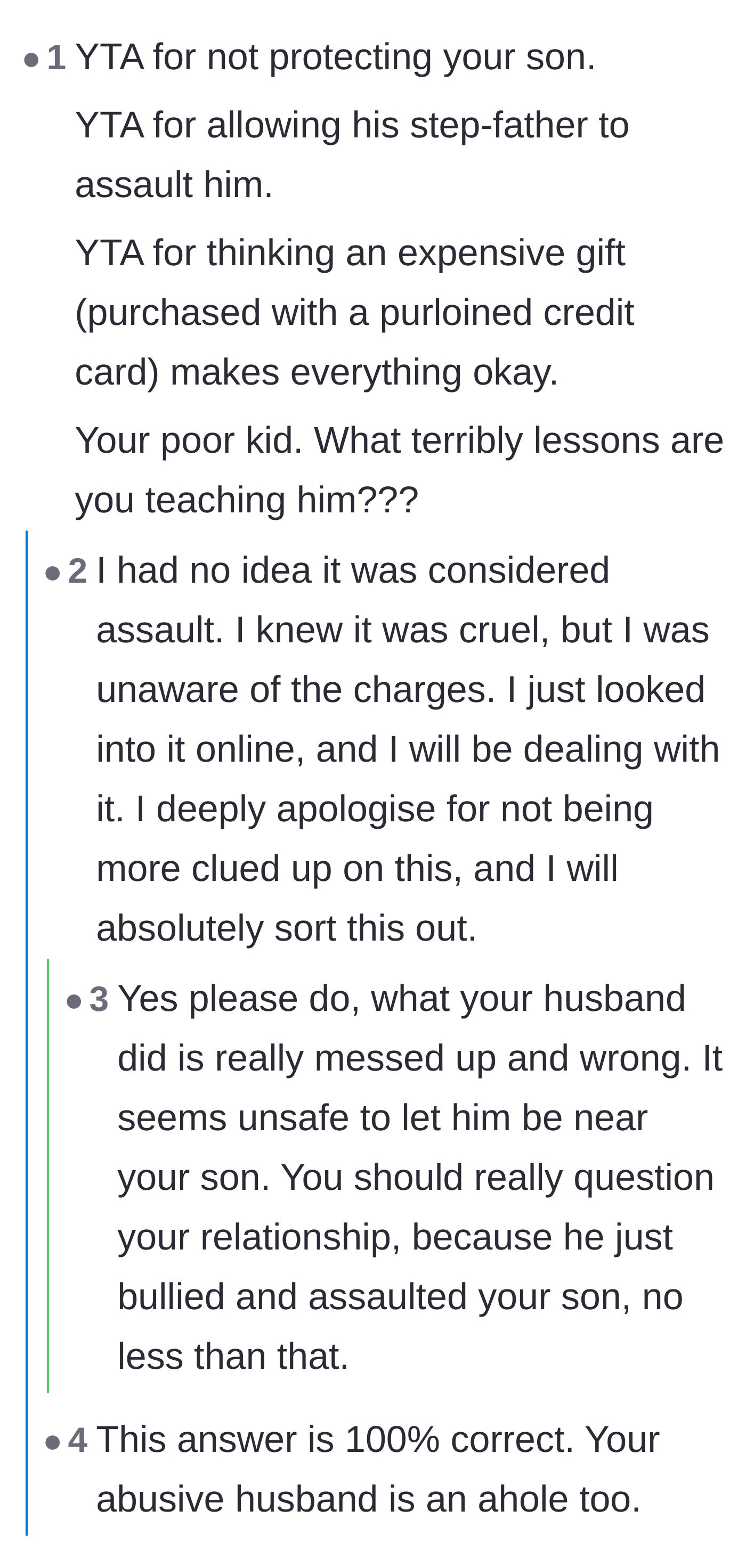 Comment thread discussing how the stepfather's actions constitute physical assault and questioning the mother's parenting.