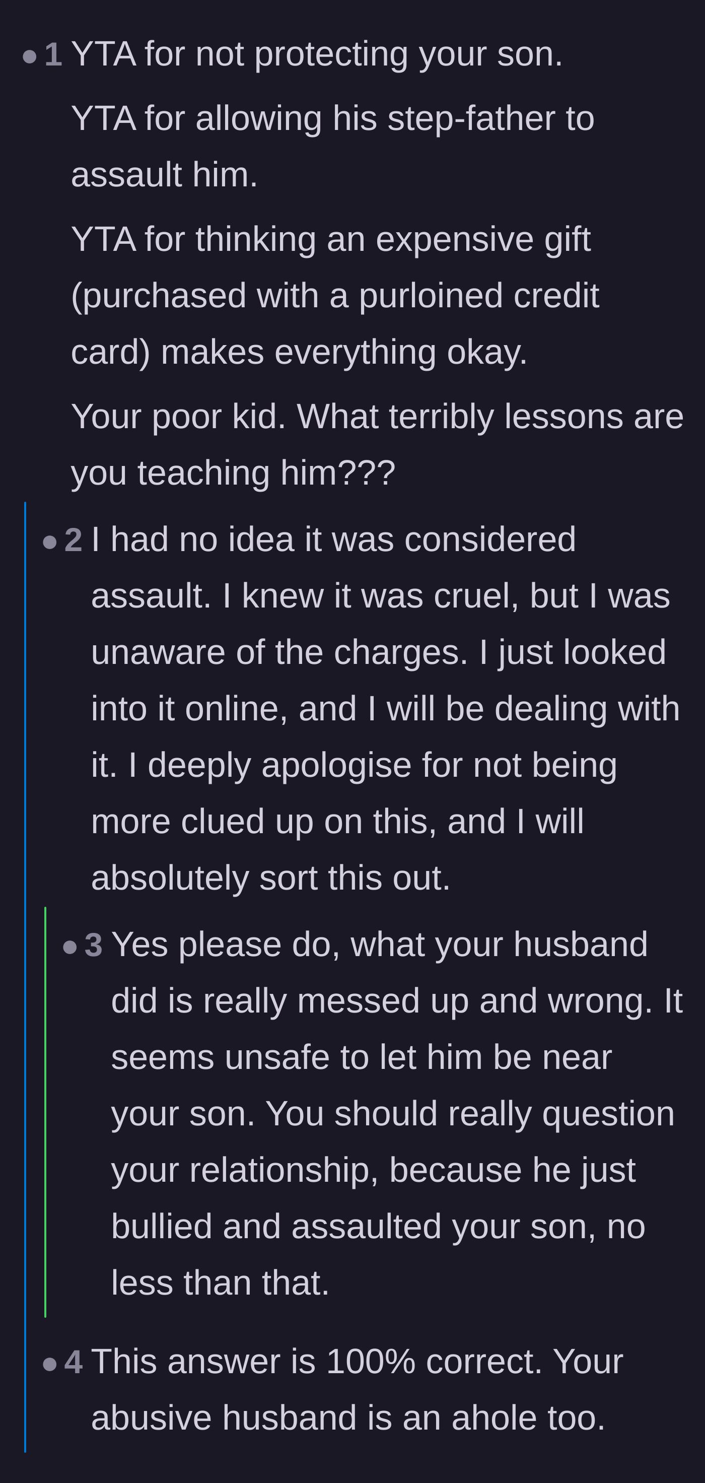 Comment thread discussing how the stepfather's actions constitute physical assault and questioning the mother's parenting.