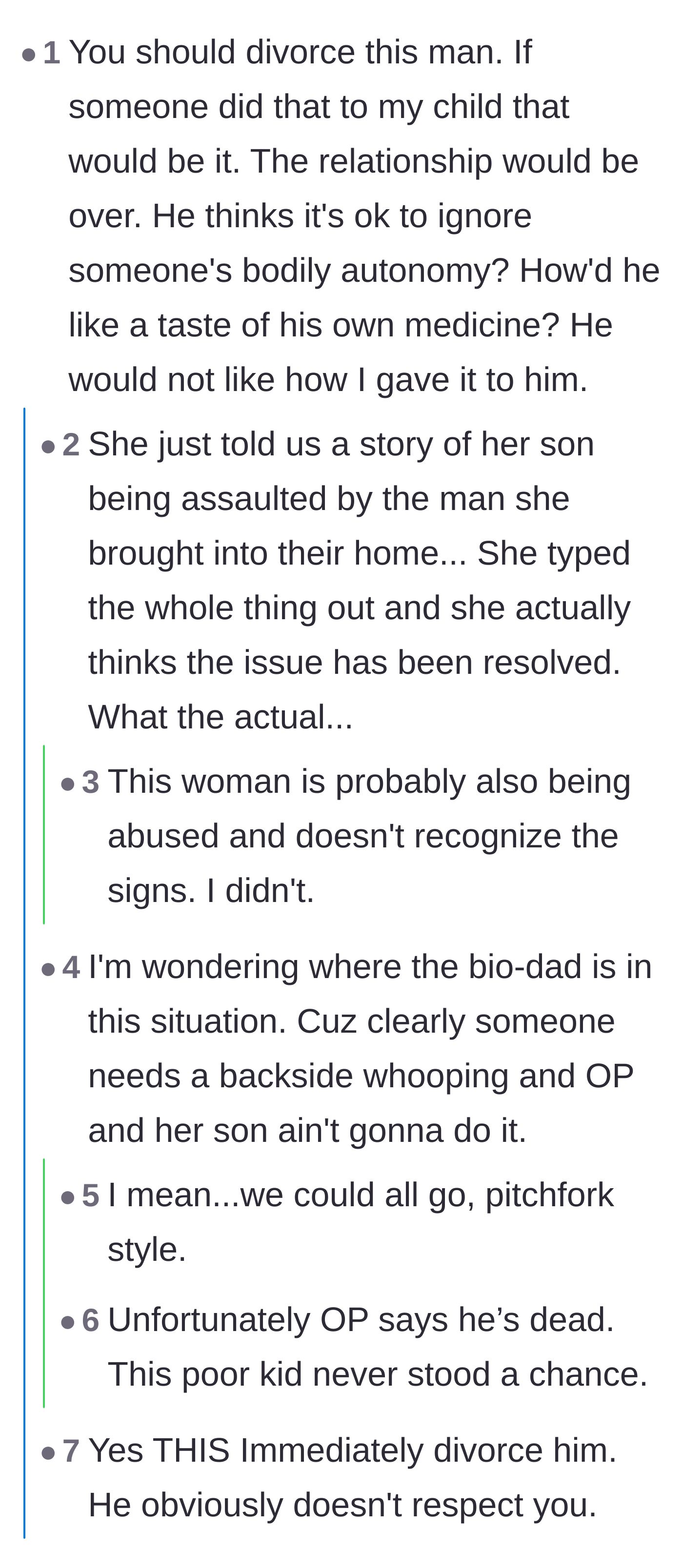 Comment thread urging the mother to immediately divorce her abusive husband.