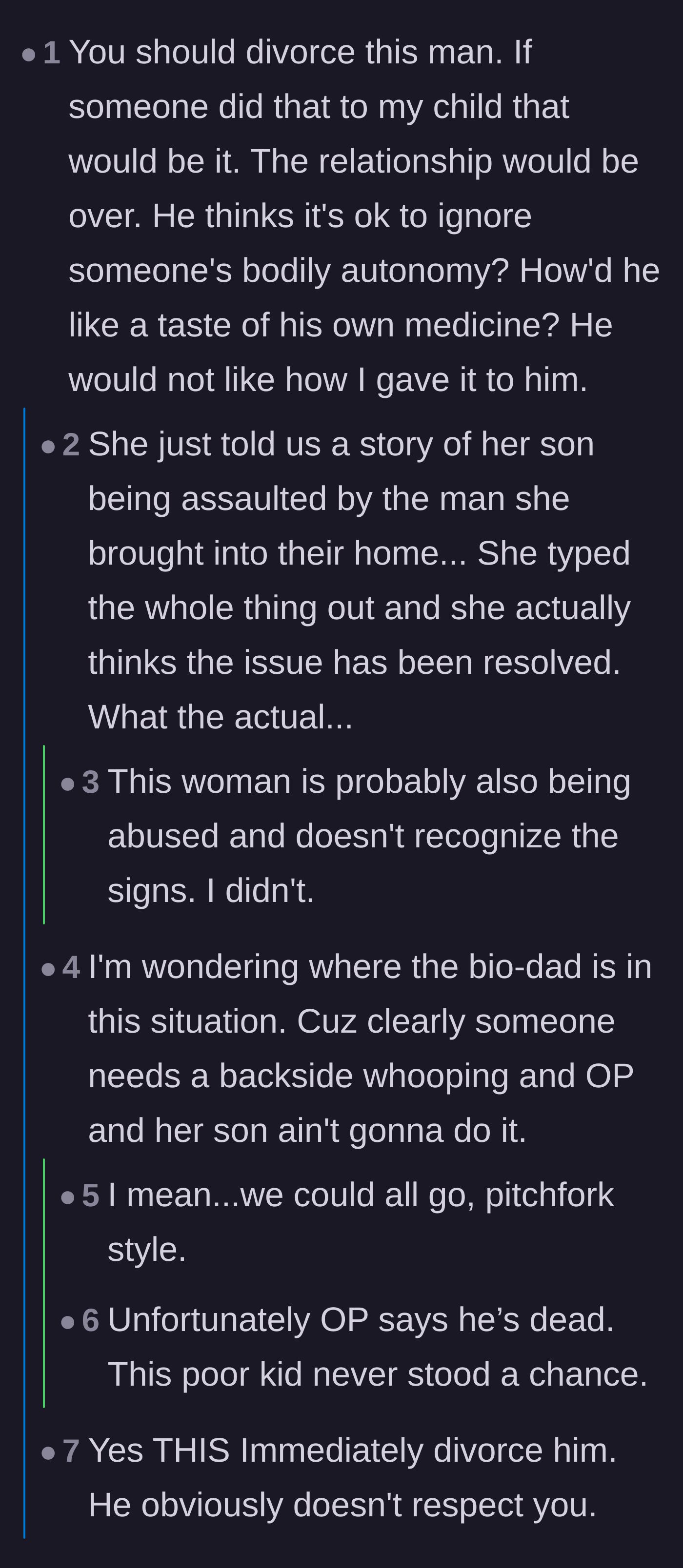 Comment thread urging the mother to immediately divorce her abusive husband.