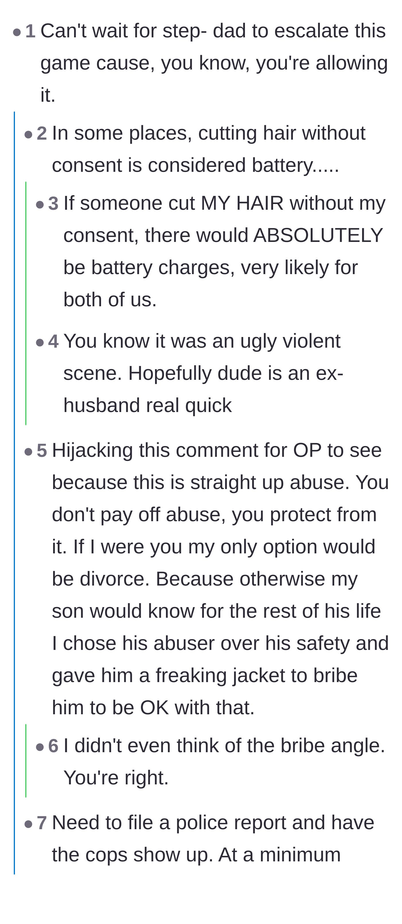 Comment thread highlighting the legal implications of cutting hair without consent and framing the jacket as a bribe.