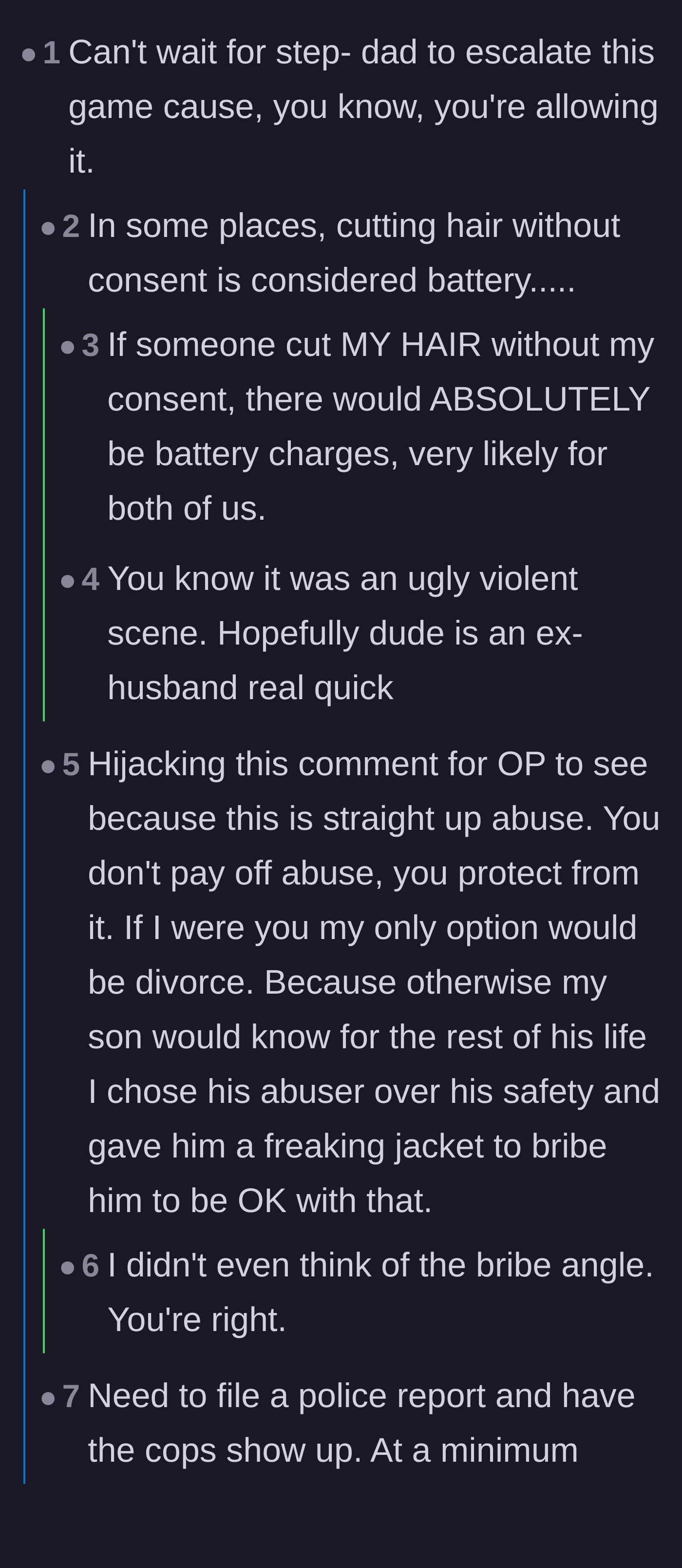 Comment thread highlighting the legal implications of cutting hair without consent and framing the jacket as a bribe.