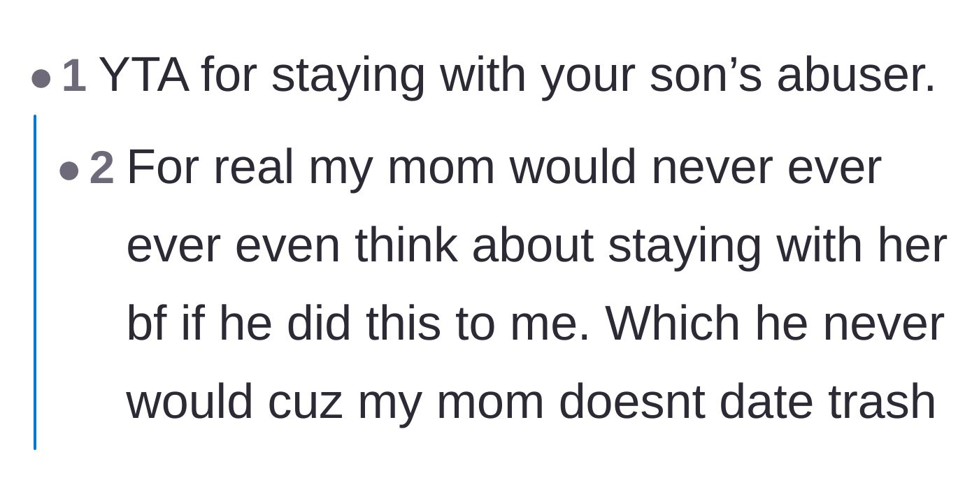 Comment thread criticizing the mother for choosing to stay with her son's abuser.