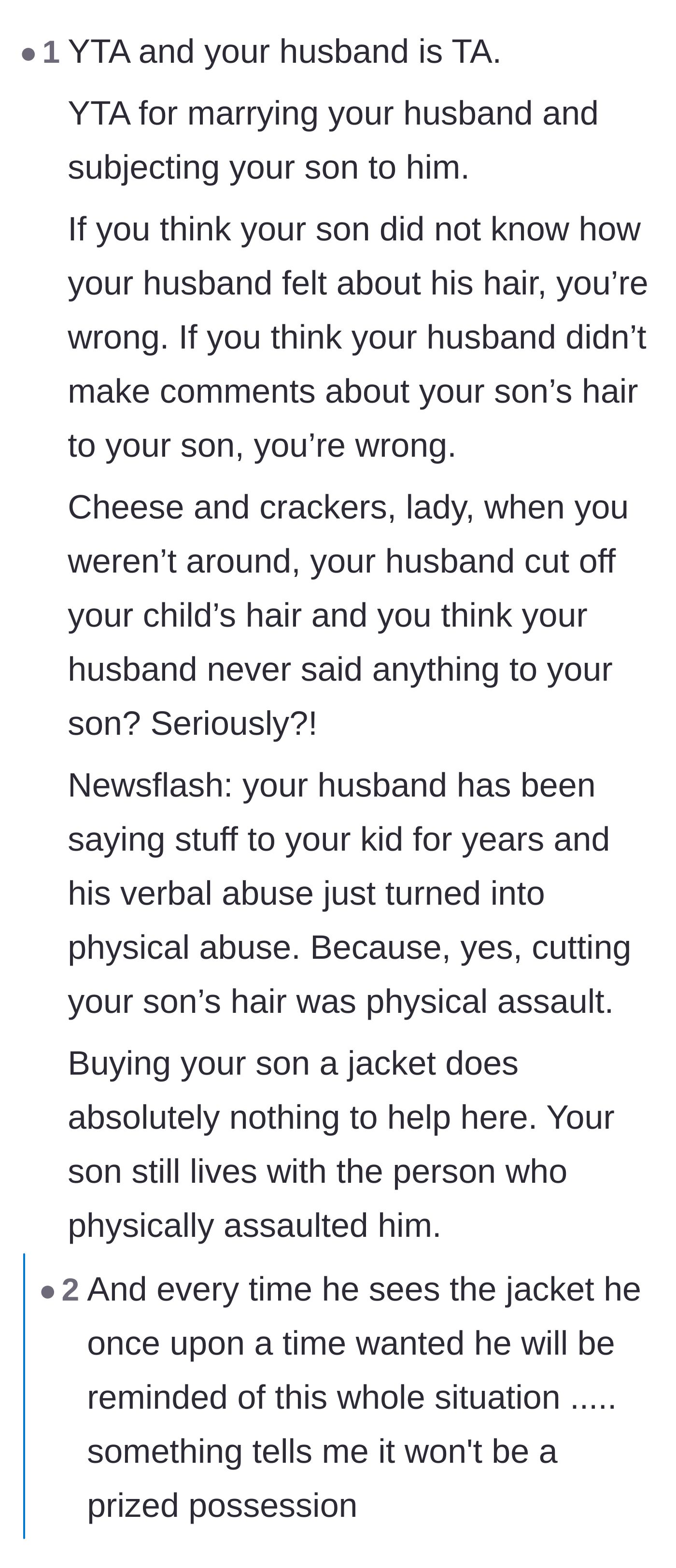 Comment thread pointing out the history of verbal abuse and how the jacket will only serve as a traumatic reminder.