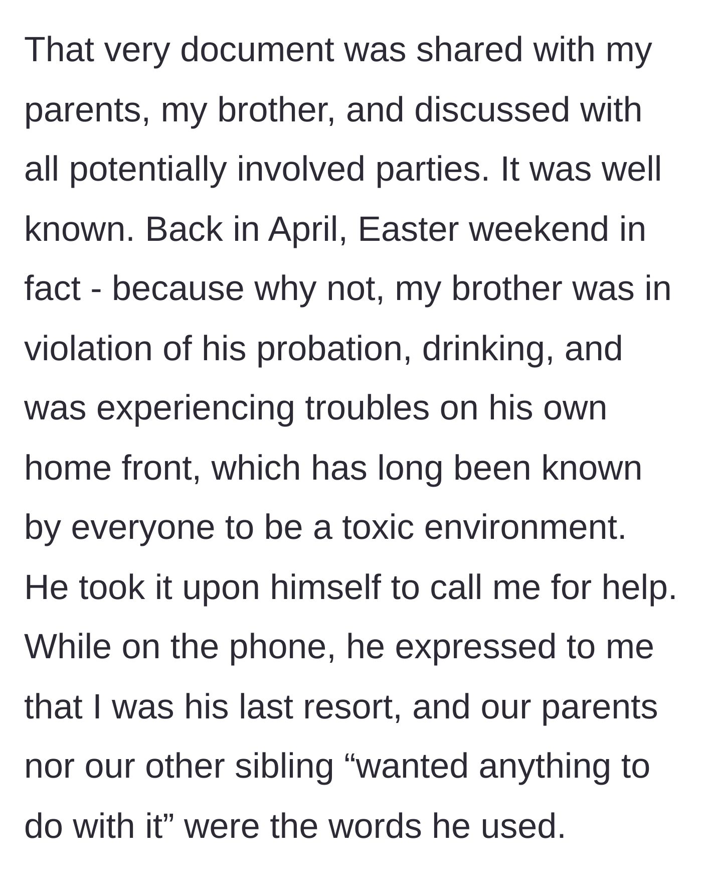 Story part 3 - The brother calling the main character in a state of probation violation on Easter weekend.