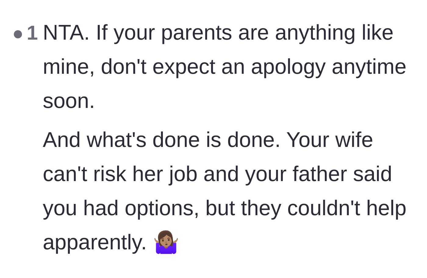 Comment thread 3 - A reader sympathizing with the author and doubting the parents will ever offer a genuine apology.